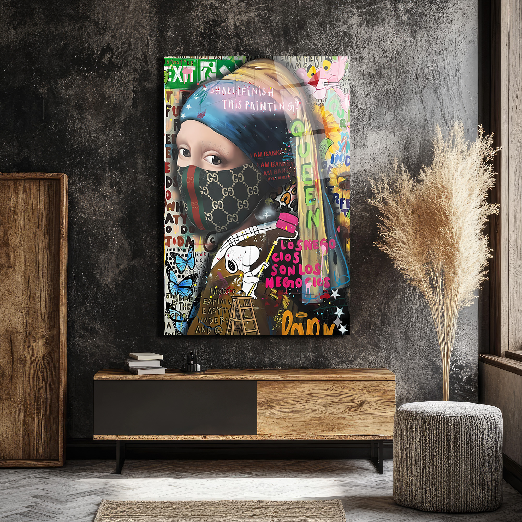 Banksy Esintili İnci Küpeli Kız Maskeli Modern Cam Tablo Duvar Dekoru Banksy Esintili İnci Küpeli Kız Maskeli Modern Cam Tablo