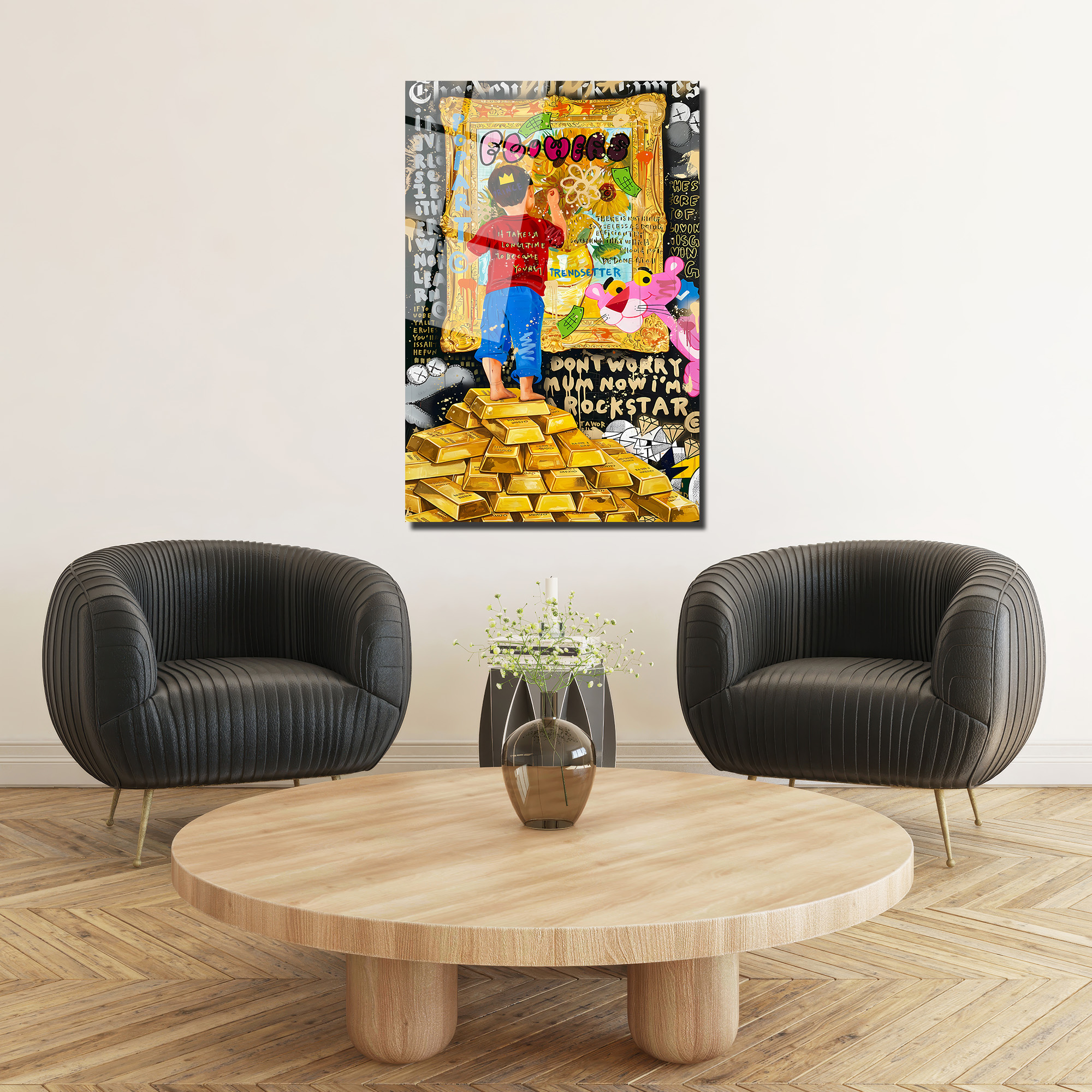 Hayallerini Çizen Çocuk Pop Art Cam Tablo | Altın Külçeleri Teması Duvar Dekoru Hayallerini Çizen Çocuk Pop Art Cam Tablo | Altın Külçeleri Teması