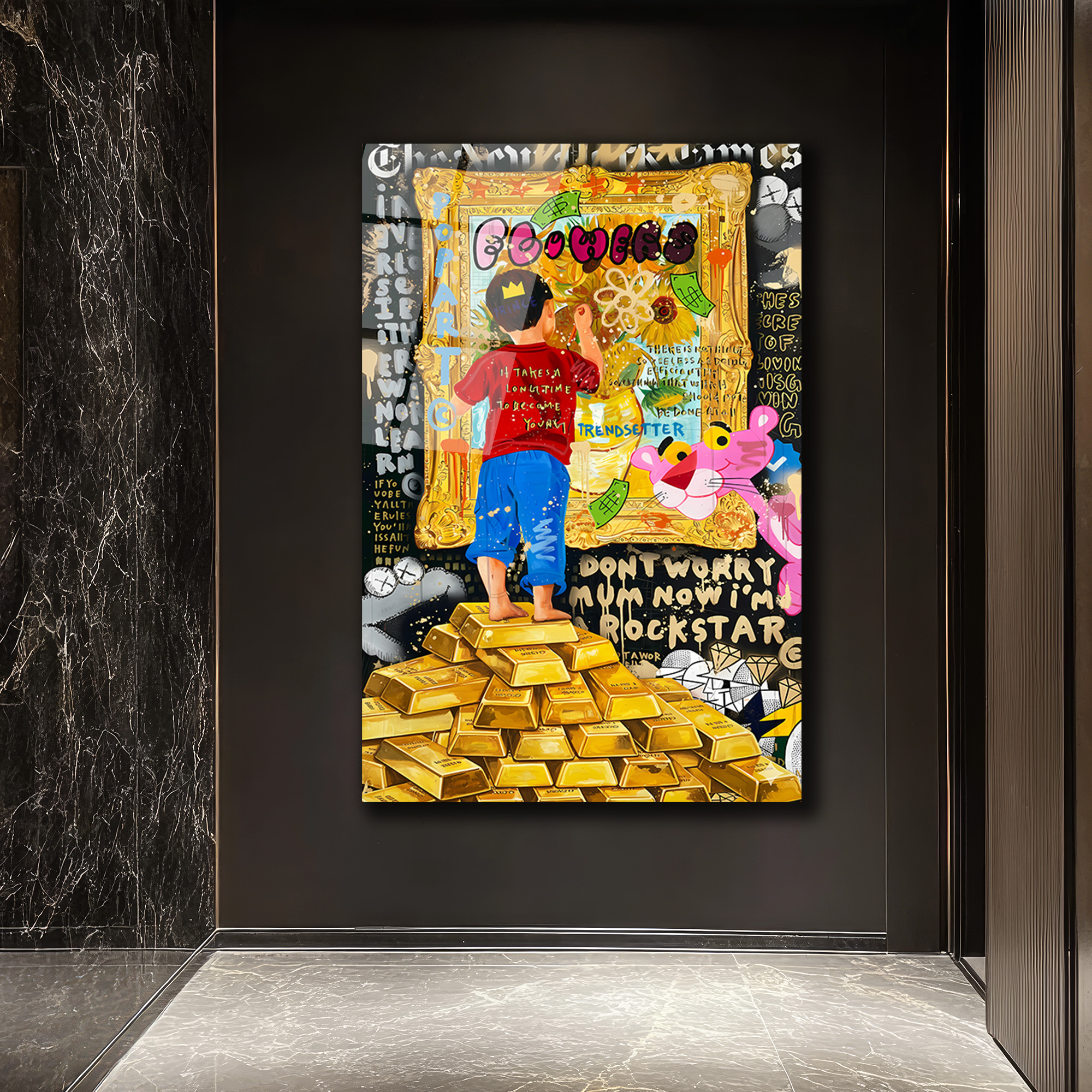 Hayallerini Çizen Çocuk Pop Art Cam Tablo | Altın Külçeleri Teması Duvar Dekoru Hayallerini Çizen Çocuk Pop Art Cam Tablo | Altın Külçeleri Teması
