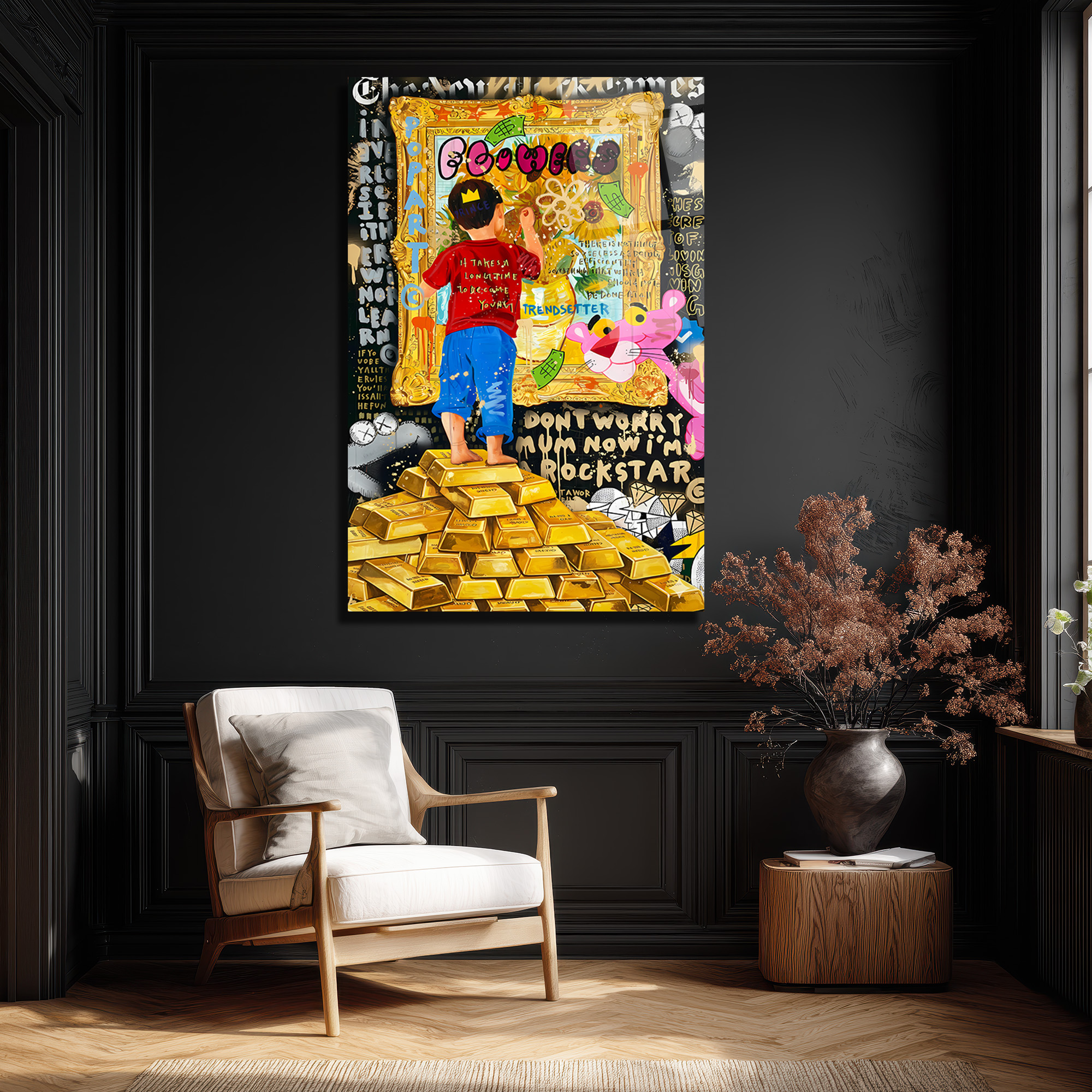 Hayallerini Çizen Çocuk Pop Art Cam Tablo | Altın Külçeleri Teması Duvar Dekoru Hayallerini Çizen Çocuk Pop Art Cam Tablo | Altın Külçeleri Teması