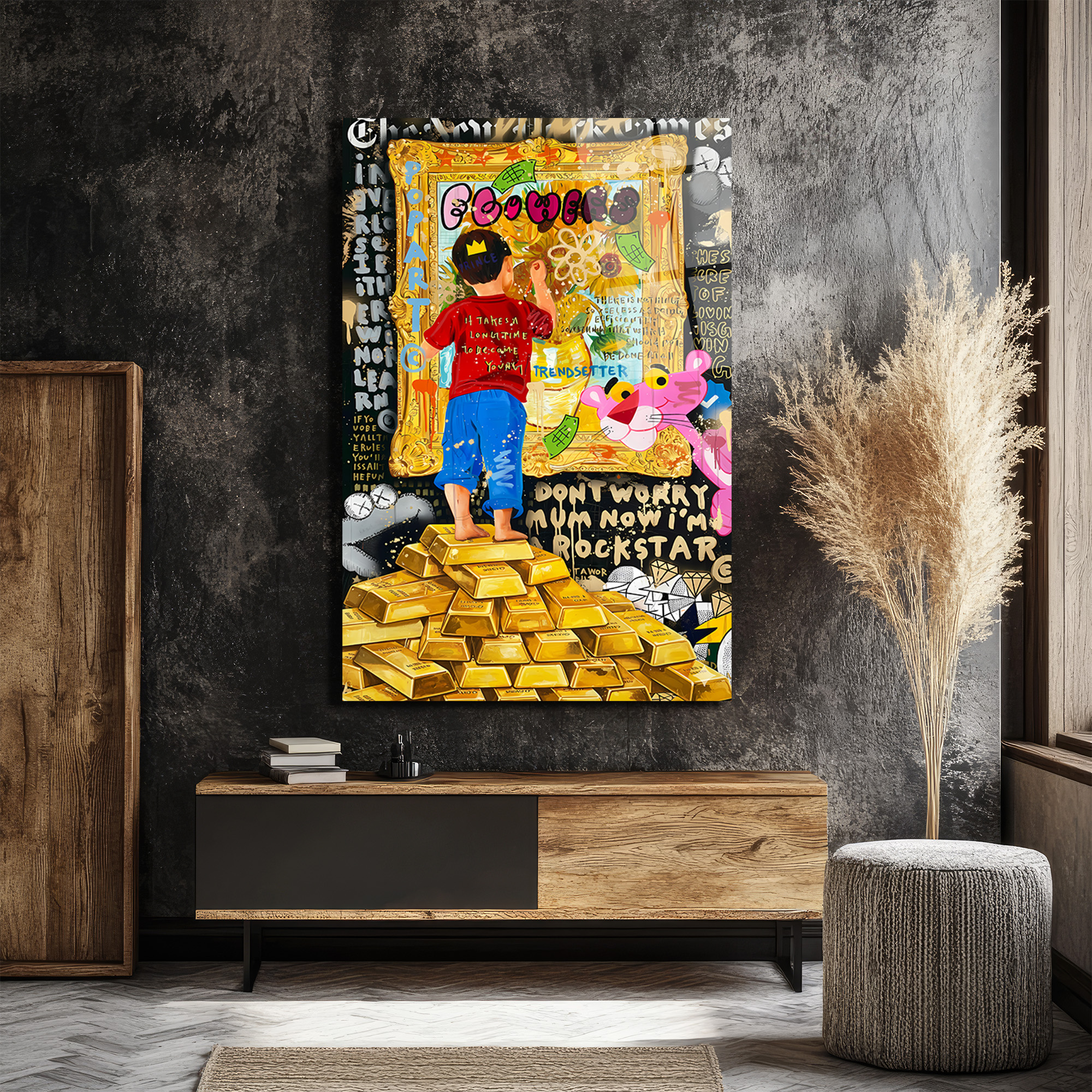 Hayallerini Çizen Çocuk Pop Art Cam Tablo | Altın Külçeleri Teması Duvar Dekoru Hayallerini Çizen Çocuk Pop Art Cam Tablo | Altın Külçeleri Teması