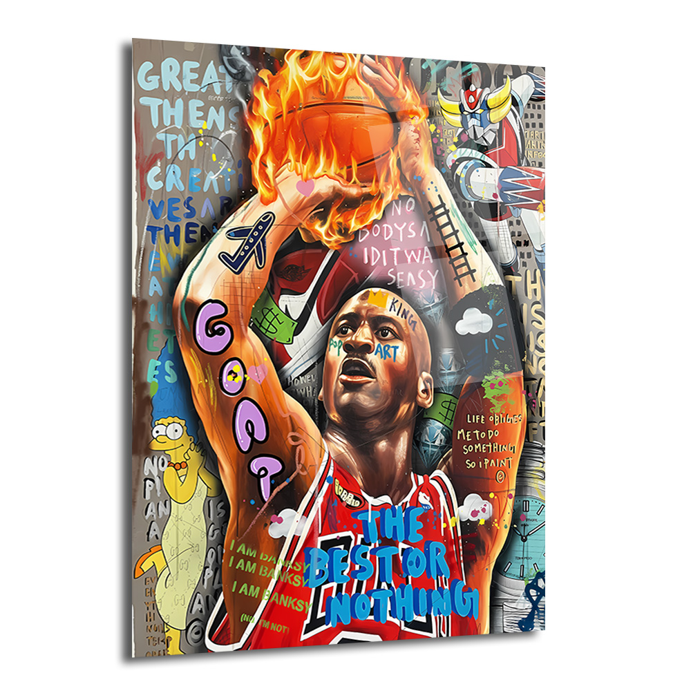 Michael Jordan Efsanesi: Pop Art Graffiti Cam Tablo Duvar Dekoru Michael Jordan'ın alevli bir basketbol topunu tutarken resmedildiği, canlı renklerde graffiti ve pop art öğeleriyle dolu bir cam tablo. Arka planda Simpsonlar karakteri ve Grendizer gibi detaylar, modern sokak sanatı tarzında işlenmiştir.