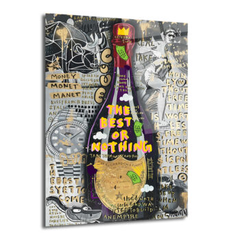Siyah, altın ve mor tonlarında, pop art tarzı, üzerinde 'The Best Or Nothing' yazan bir şampanya şişesi ve çevresinde lüks saat, boğa figürü, para sembolleri ve motivasyonel yazılar bulunan modern bir cam tablo.