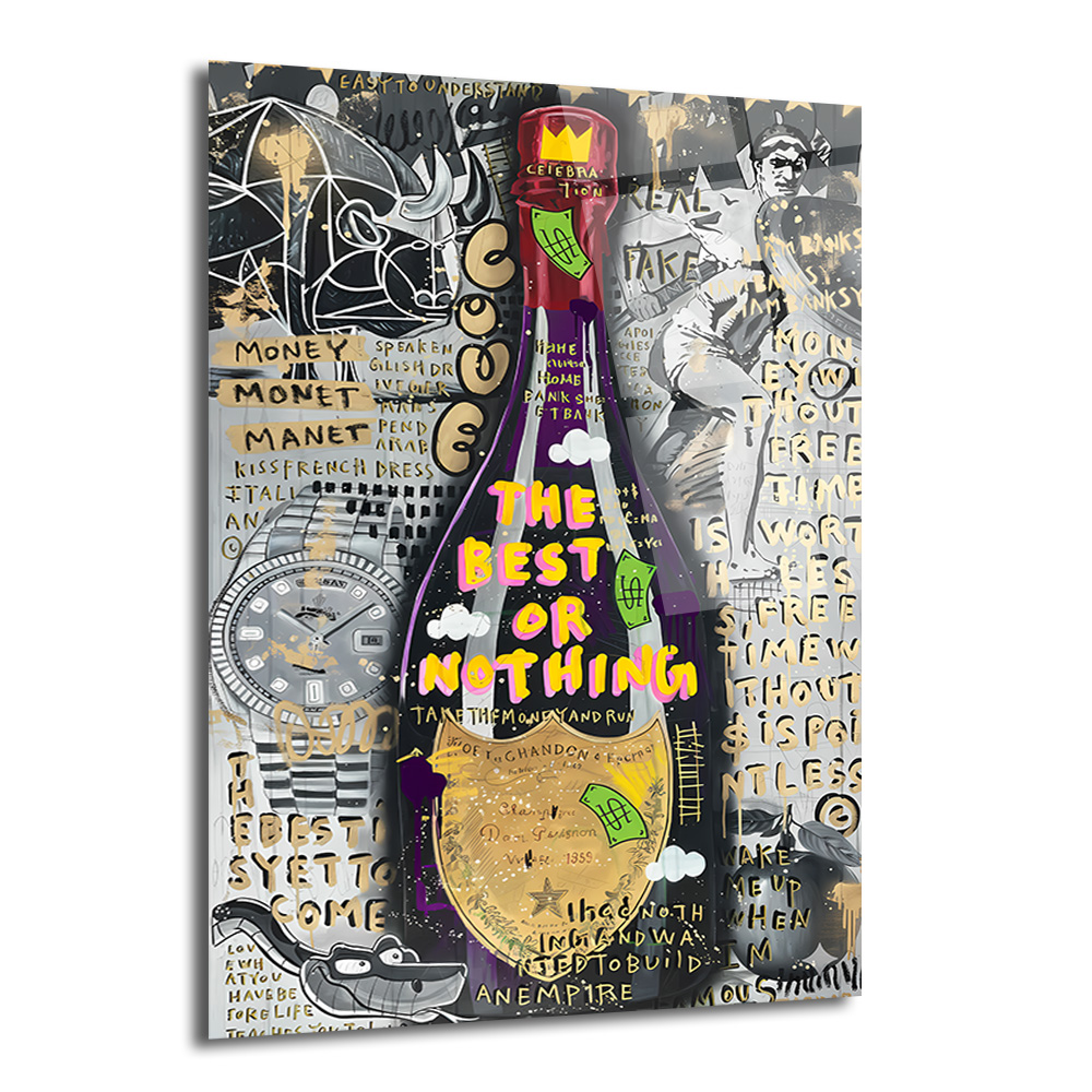 The Best Or Nothing Lüks Şampanya Şişesi Cam Tablo Duvar Dekoru Siyah, altın ve mor tonlarında, pop art tarzı, üzerinde 'The Best Or Nothing' yazan bir şampanya şişesi ve çevresinde lüks saat, boğa figürü, para sembolleri ve motivasyonel yazılar bulunan modern bir cam tablo.