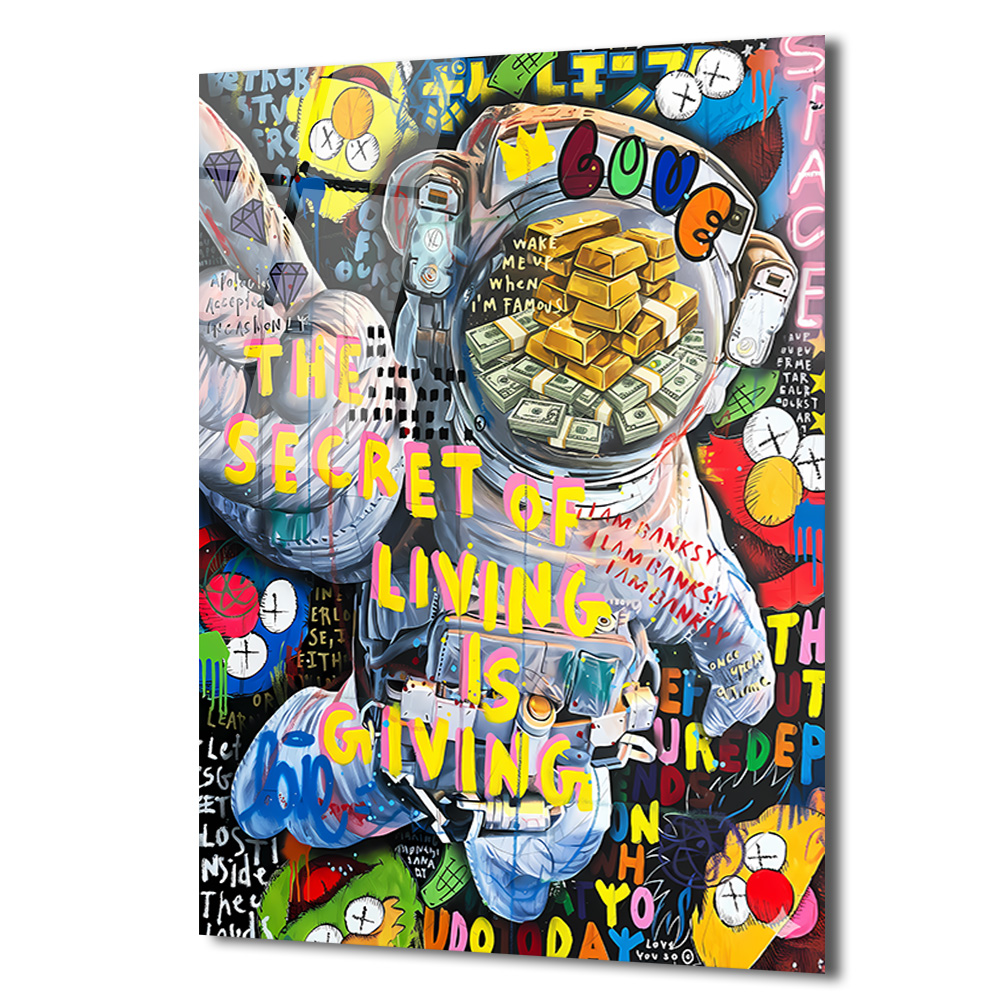 Yaşamın Sırrı: Astronot ve Servet Temalı Pop Art Cam Tablo Duvar Dekoru Yaşamın Sırrı: Astronot ve Servet Temalı Pop Art Cam Tablo