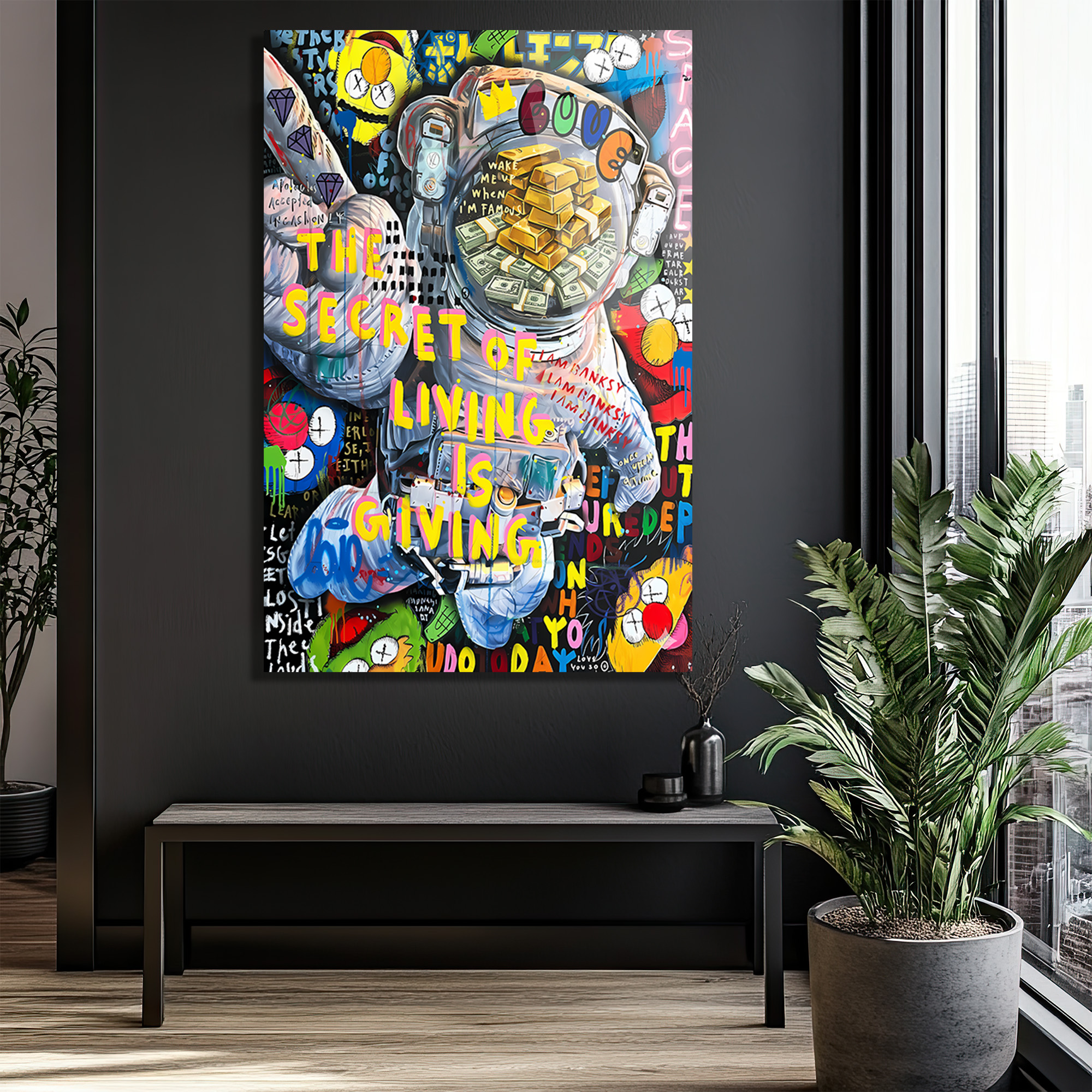 Yaşamın Sırrı: Astronot ve Servet Temalı Pop Art Cam Tablo Duvar Dekoru Yaşamın Sırrı: Astronot ve Servet Temalı Pop Art Cam Tablo