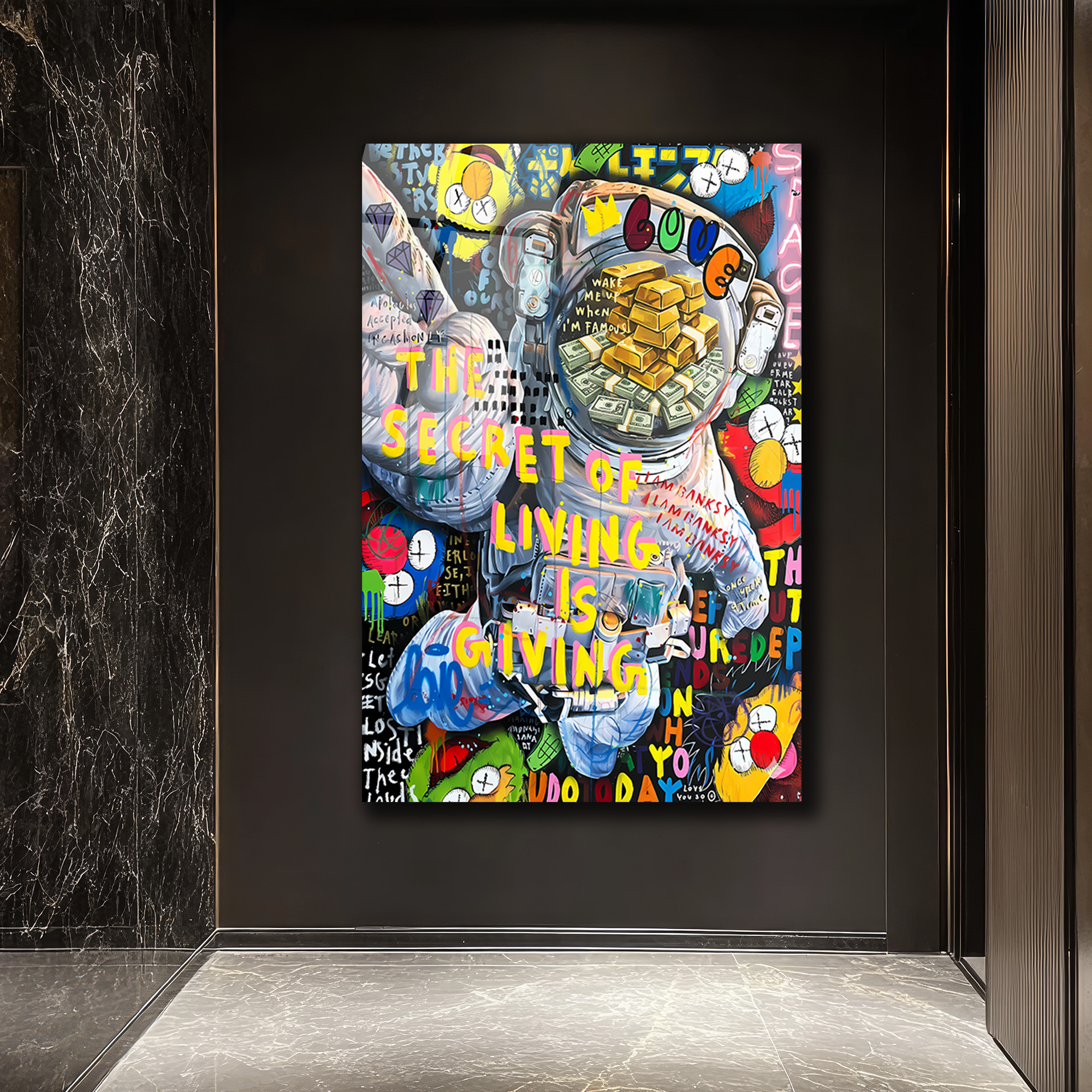 Yaşamın Sırrı: Astronot ve Servet Temalı Pop Art Cam Tablo Duvar Dekoru Yaşamın Sırrı: Astronot ve Servet Temalı Pop Art Cam Tablo