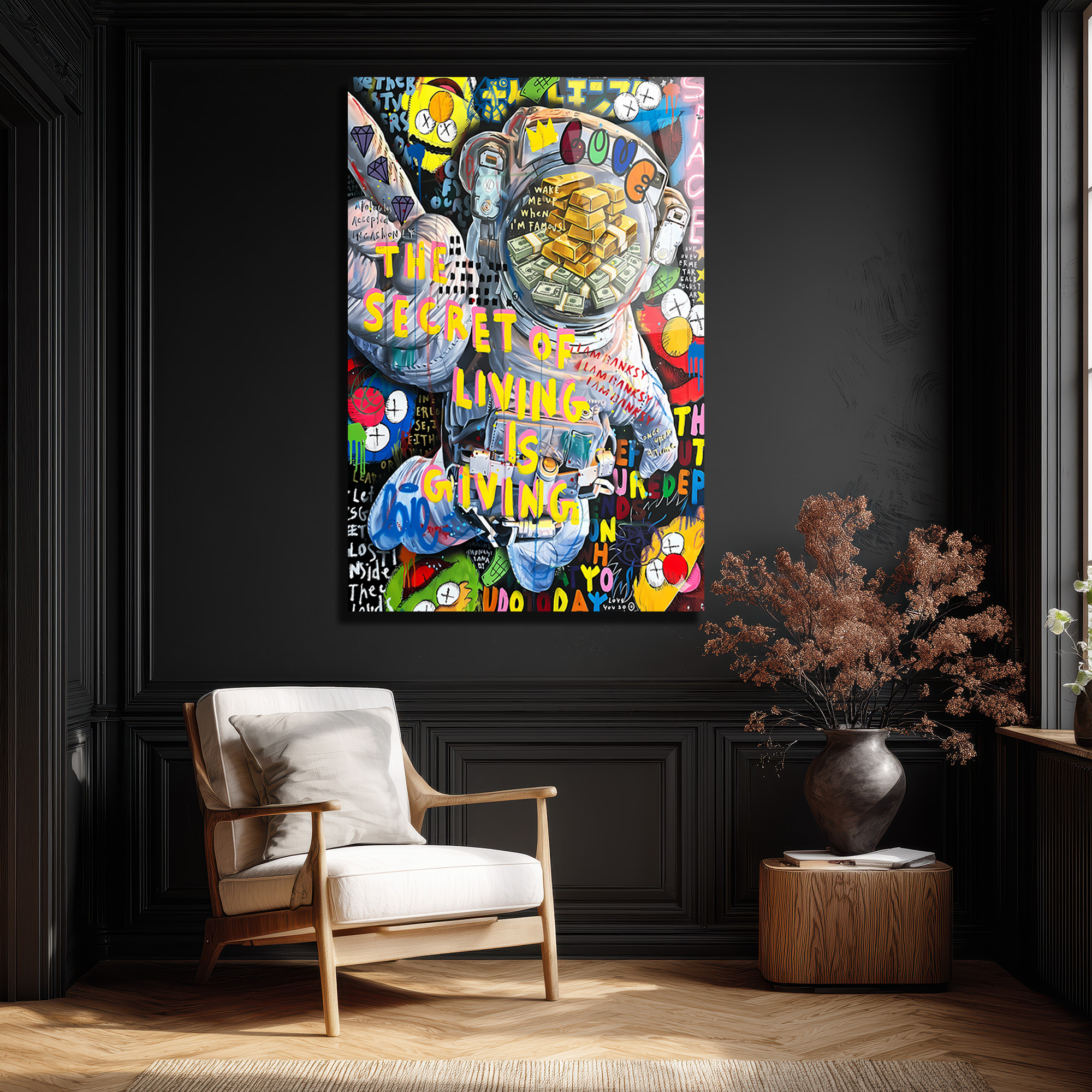 Yaşamın Sırrı: Astronot ve Servet Temalı Pop Art Cam Tablo Duvar Dekoru Yaşamın Sırrı: Astronot ve Servet Temalı Pop Art Cam Tablo