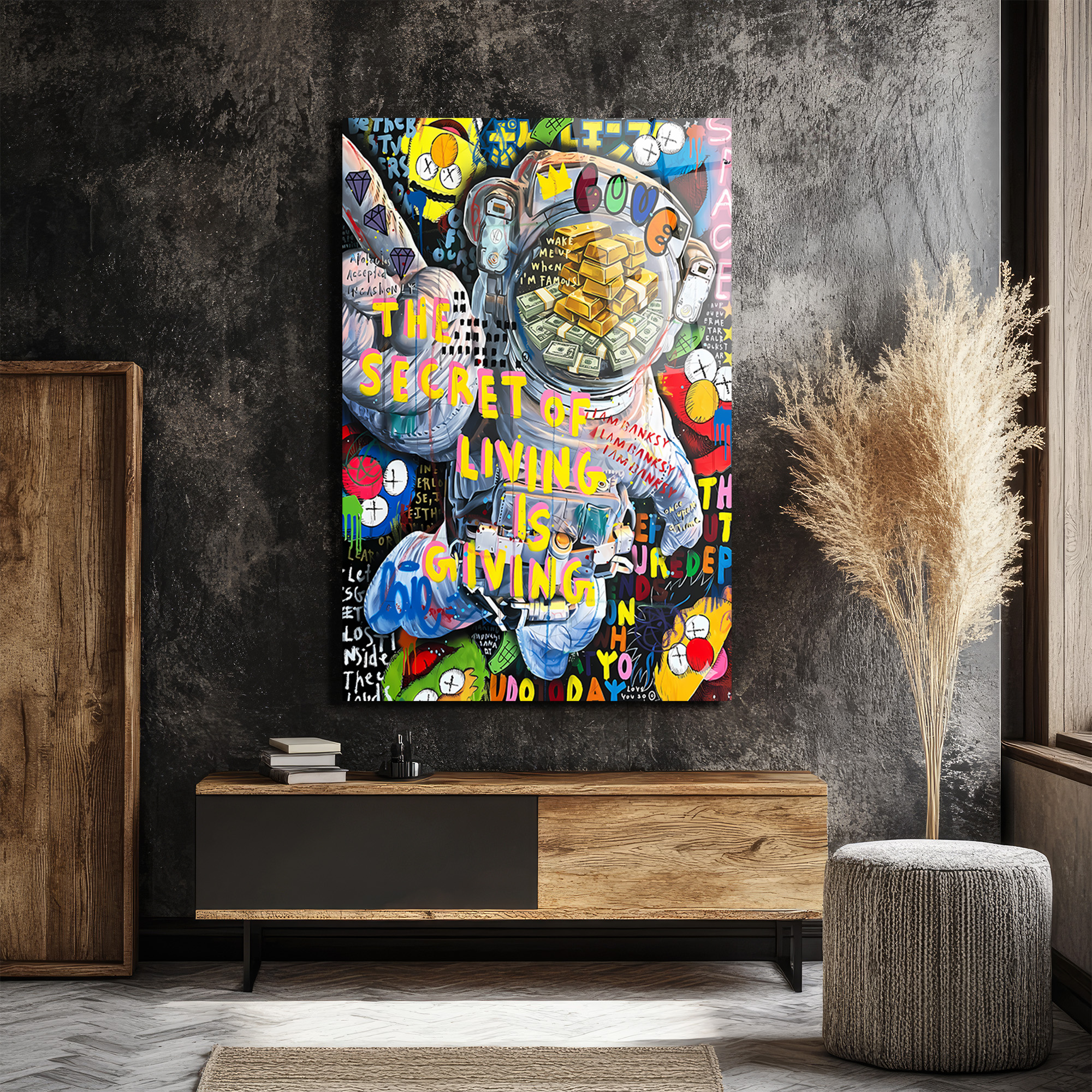 Yaşamın Sırrı: Astronot ve Servet Temalı Pop Art Cam Tablo Duvar Dekoru Yaşamın Sırrı: Astronot ve Servet Temalı Pop Art Cam Tablo