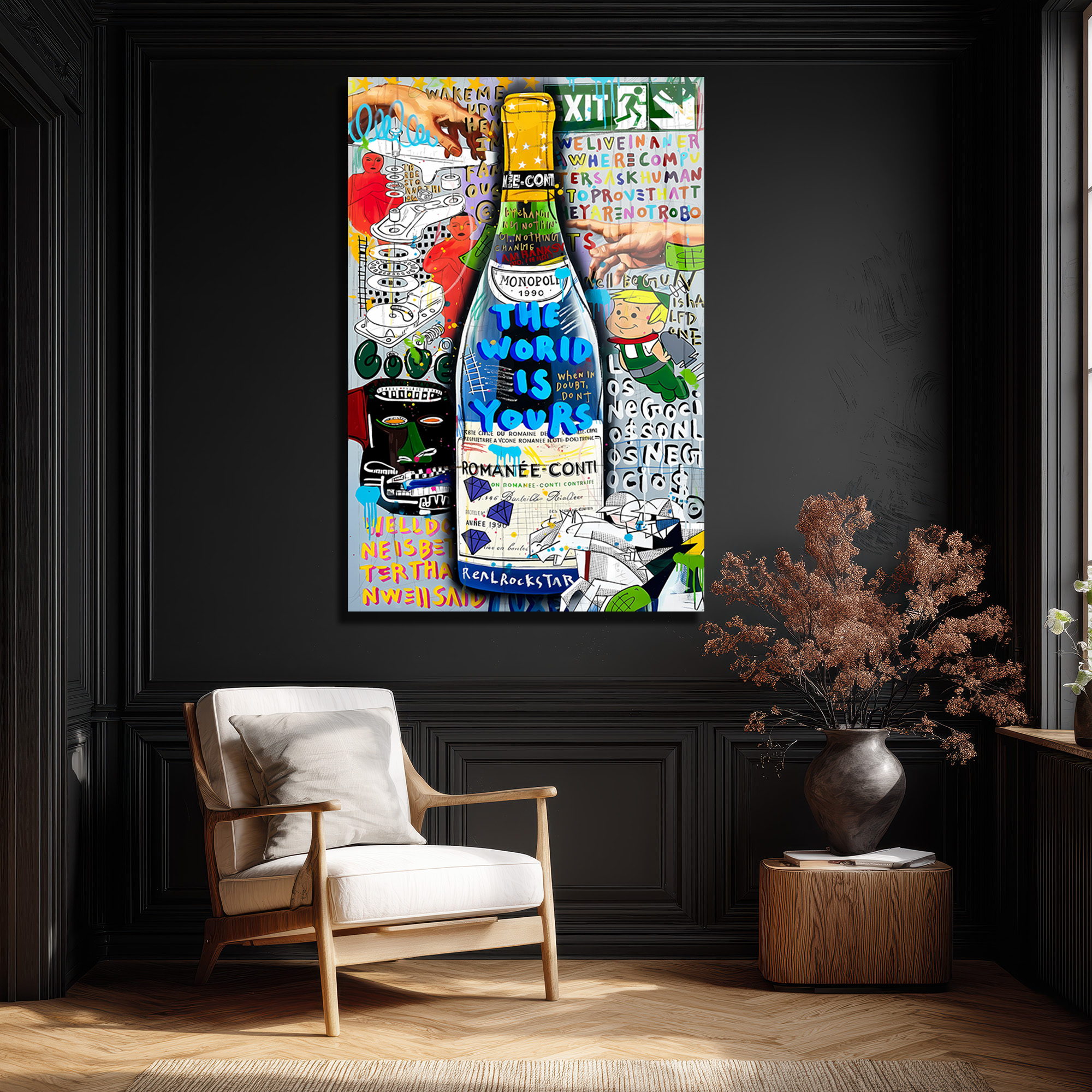 Lüks ve Asi Ruh: Dünya Senin Pop Art Şampanya Cam Tablo Duvar Dekoru Lüks ve Asi Ruh: Dünya Senin Pop Art Şampanya Cam Tablo