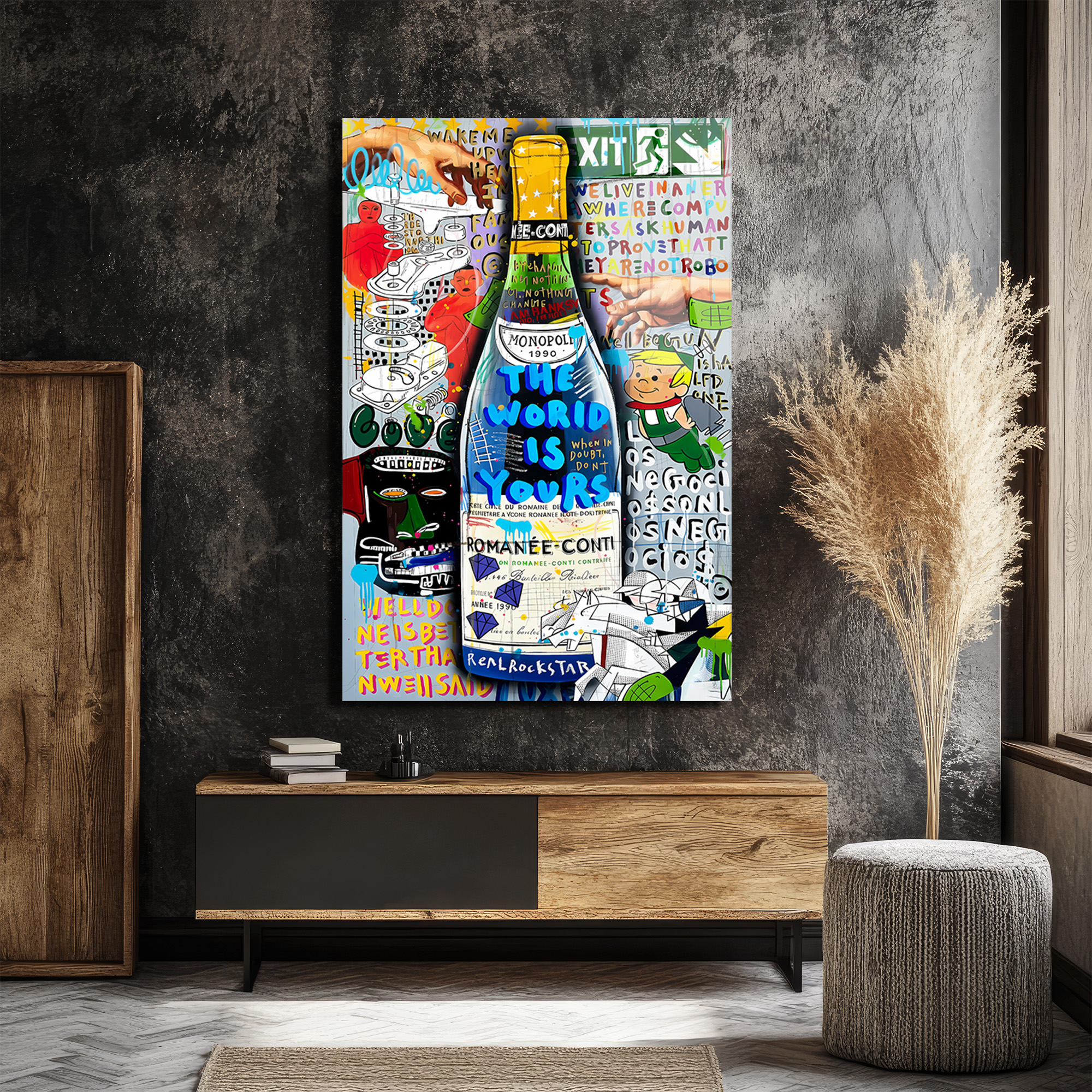 Lüks ve Asi Ruh: Dünya Senin Pop Art Şampanya Cam Tablo Duvar Dekoru Lüks ve Asi Ruh: Dünya Senin Pop Art Şampanya Cam Tablo
