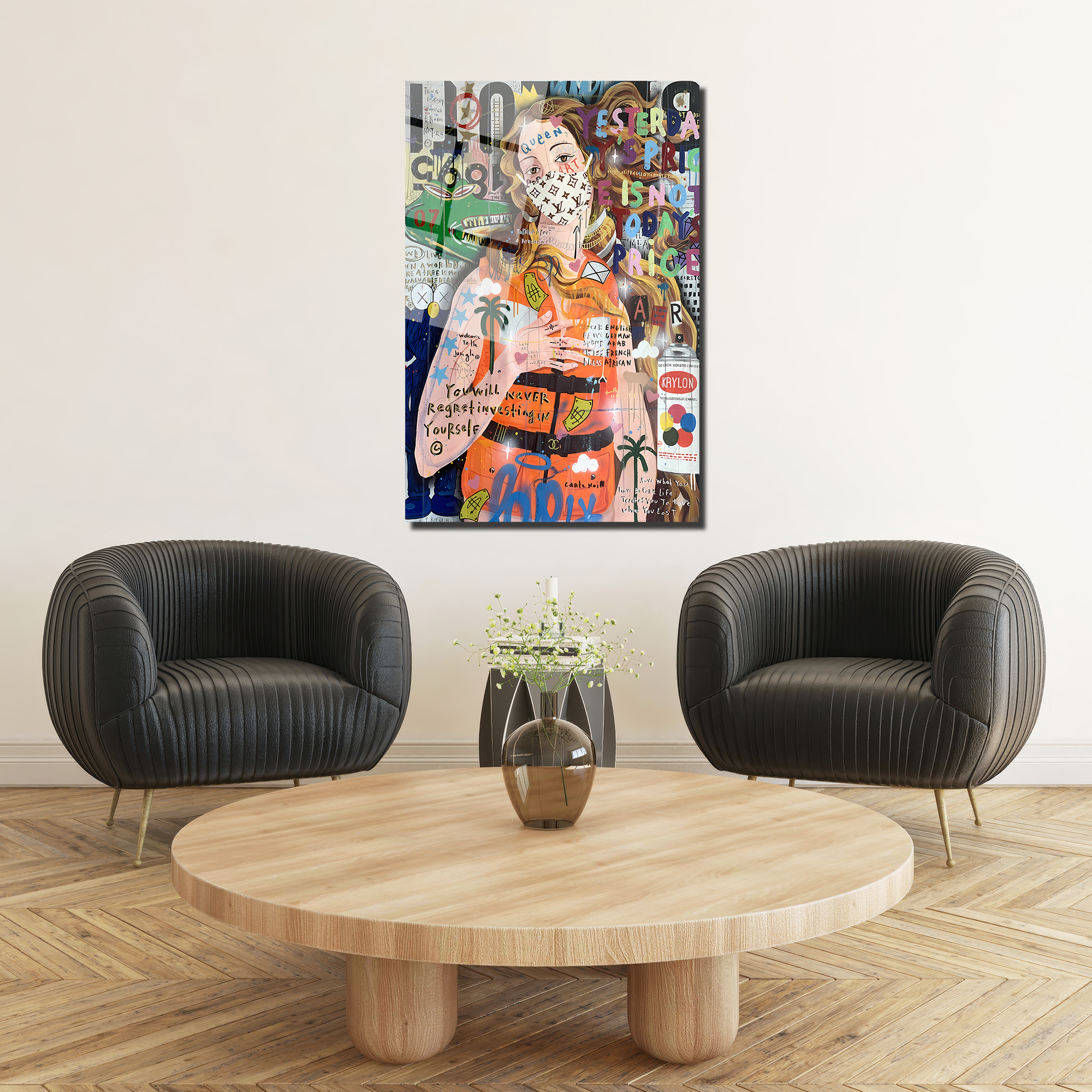 Urban Pop Art Kraliçe Maskeli Çağdaş Sanat Cam Tablo Duvar Dekoru Urban Pop Art Kraliçe Maskeli Çağdaş Sanat Cam Tablo