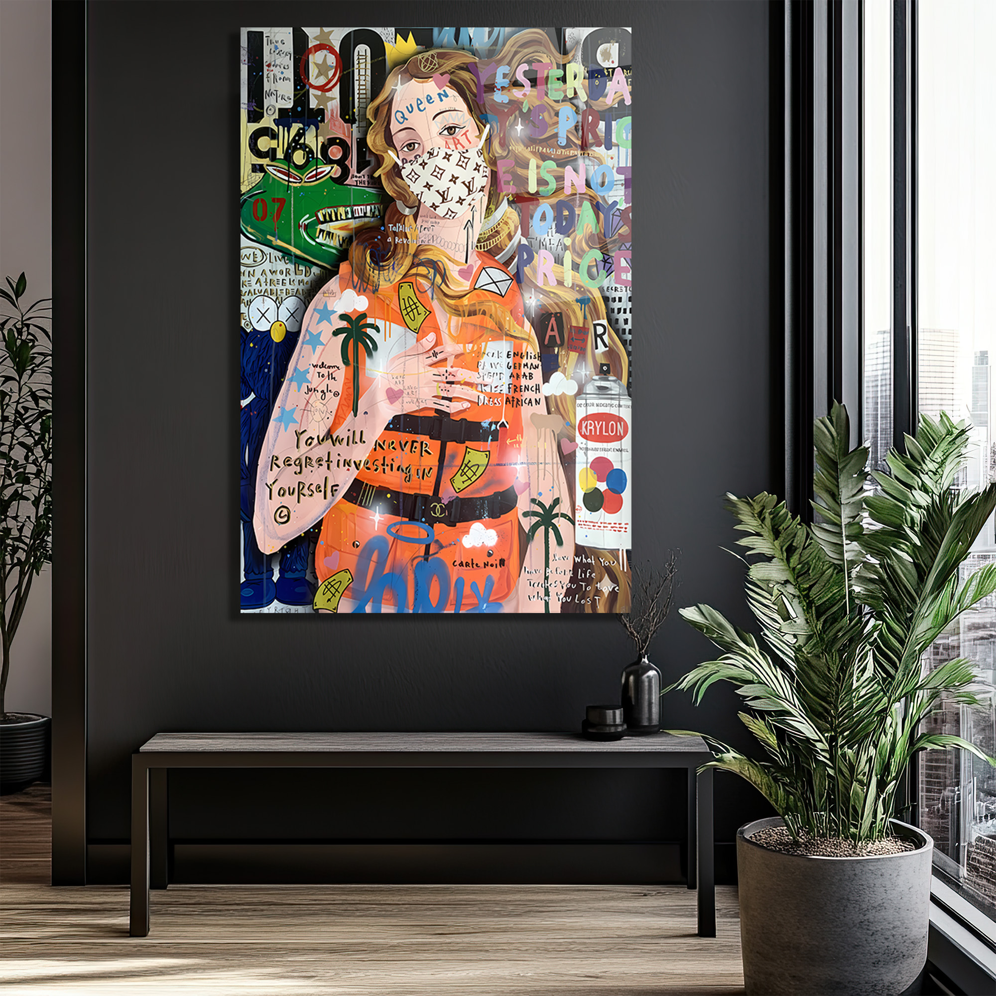 Urban Pop Art Kraliçe Maskeli Çağdaş Sanat Cam Tablo Duvar Dekoru Urban Pop Art Kraliçe Maskeli Çağdaş Sanat Cam Tablo