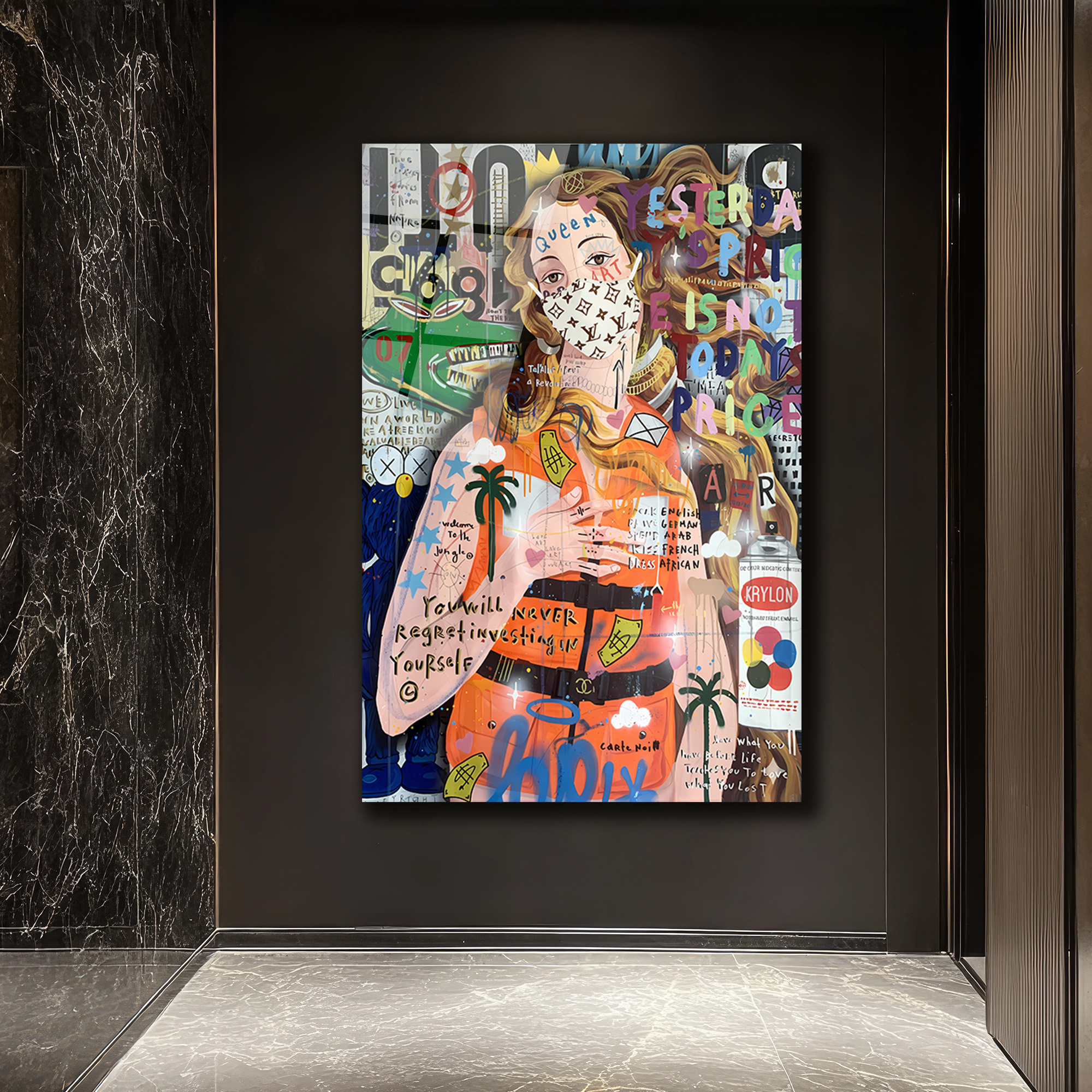 Urban Pop Art Kraliçe Maskeli Çağdaş Sanat Cam Tablo Duvar Dekoru Urban Pop Art Kraliçe Maskeli Çağdaş Sanat Cam Tablo