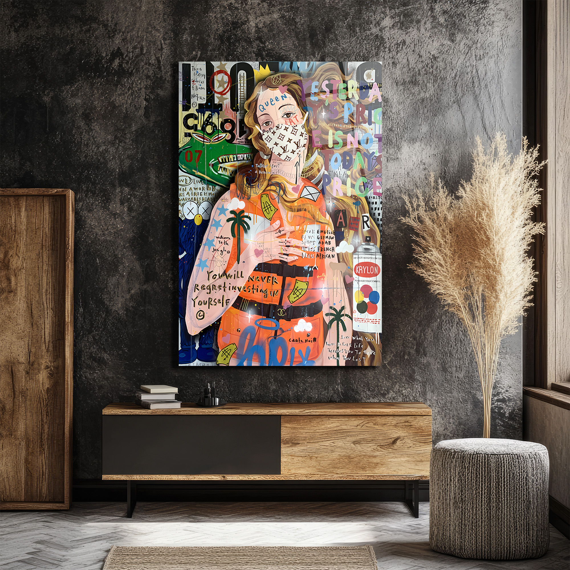 Urban Pop Art Kraliçe Maskeli Çağdaş Sanat Cam Tablo Duvar Dekoru Urban Pop Art Kraliçe Maskeli Çağdaş Sanat Cam Tablo