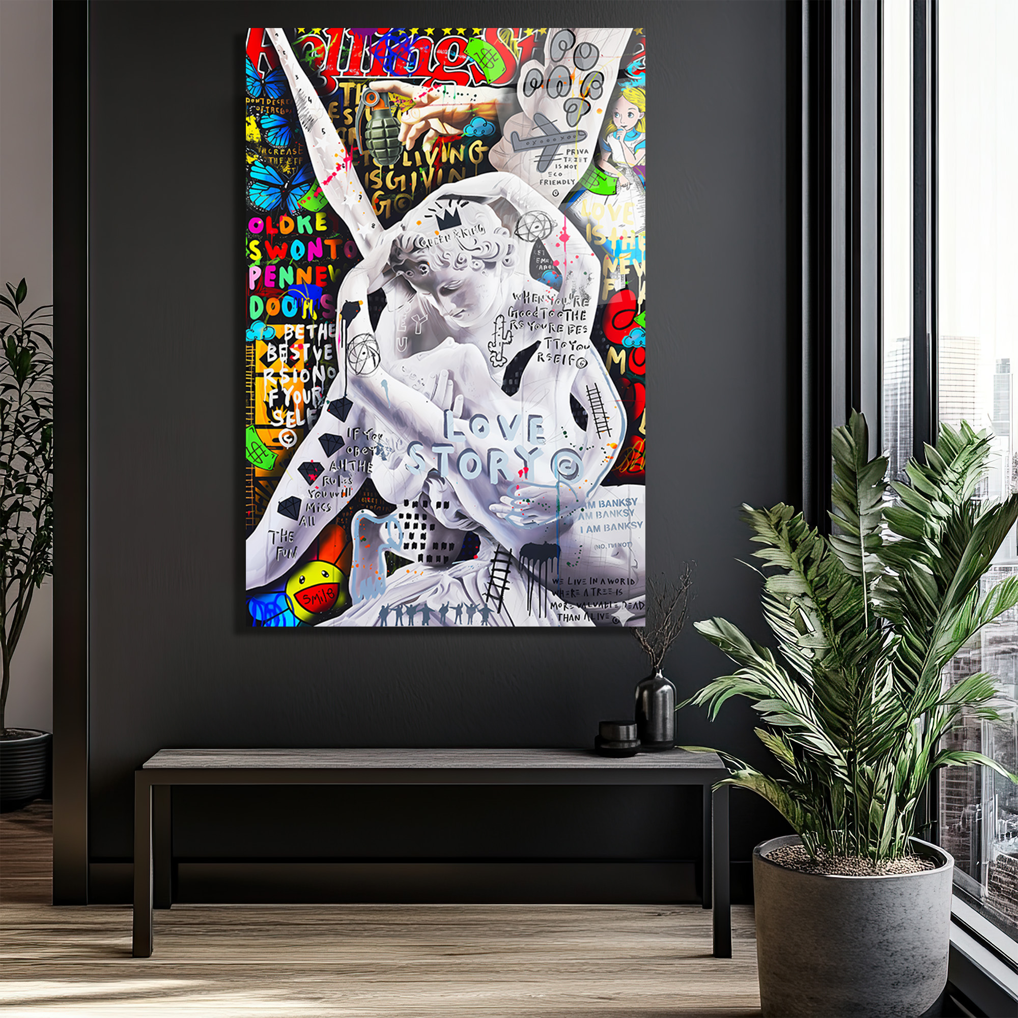 Aşk Hikayesi Graffiti Sanat Cam Tablo: Urban Klasik Buluşması Duvar Dekoru Aşk Hikayesi Graffiti Sanat Cam Tablo: Urban Klasik Buluşması