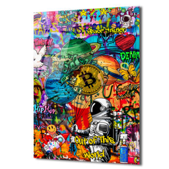 Uzay Macerası: Astronot, Bitcoin ve Graffiti Sanatı Cam Tablo