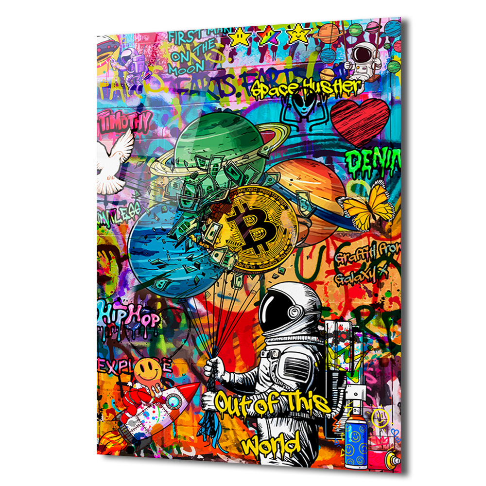 Uzay Macerası: Astronot, Bitcoin ve Graffiti Sanatı Cam Tablo Duvar Dekoru Uzay Macerası: Astronot, Bitcoin ve Graffiti Sanatı Cam Tablo