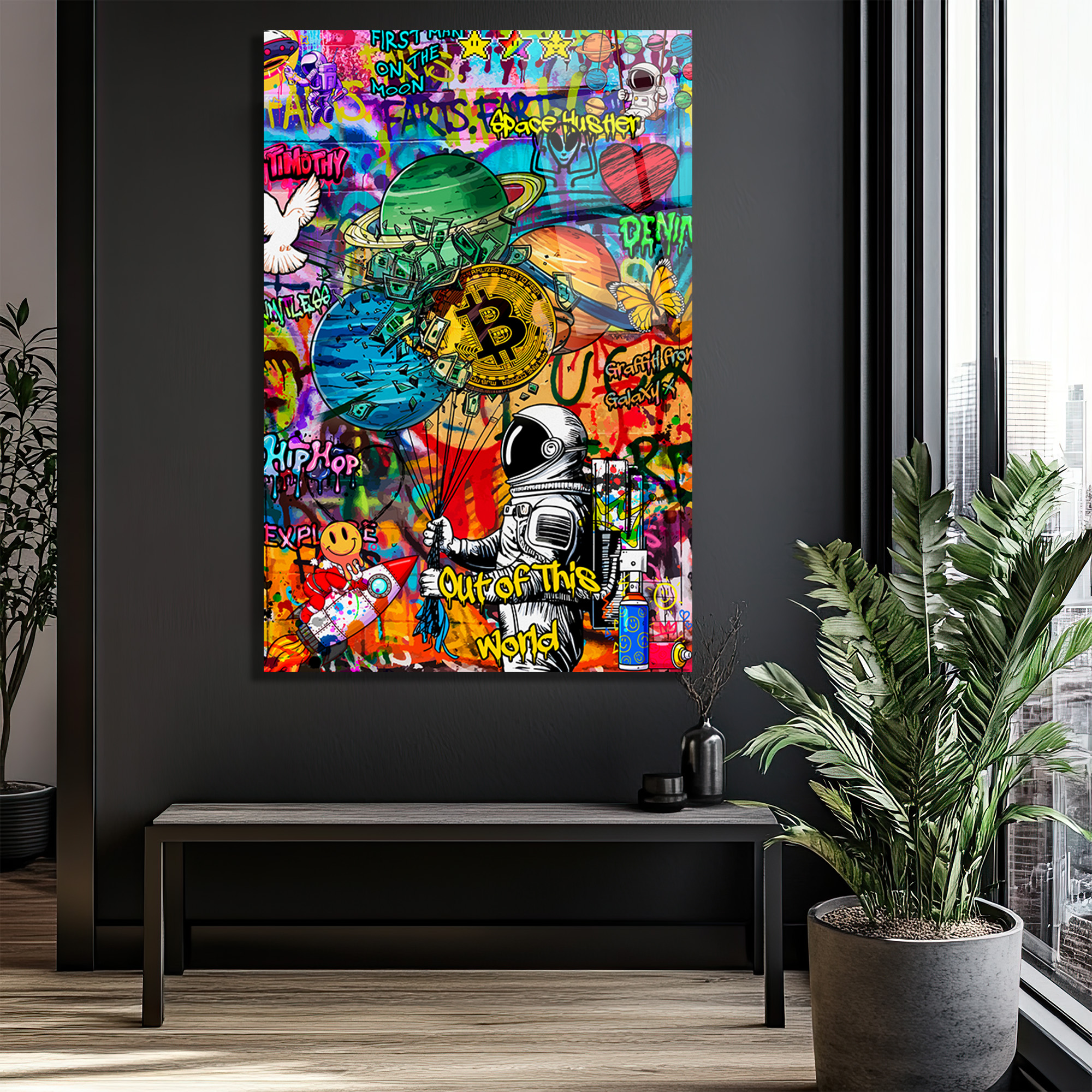 Uzay Macerası: Astronot, Bitcoin ve Graffiti Sanatı Cam Tablo Duvar Dekoru Uzay Macerası: Astronot, Bitcoin ve Graffiti Sanatı Cam Tablo
