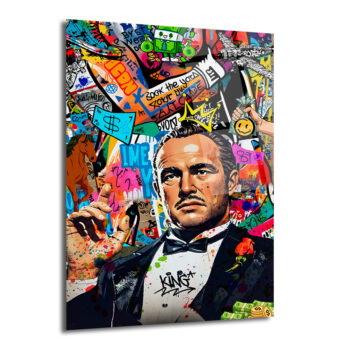 Marlon Brando'nun Vito Corleone karakterini canlandırdığı, arkasında rengarenk graffiti, sokak sanatı öğeleri, dolar işaretleri, at figürü, taç ve boya sıçramaları bulunan, pop art tarzı cam tablo.