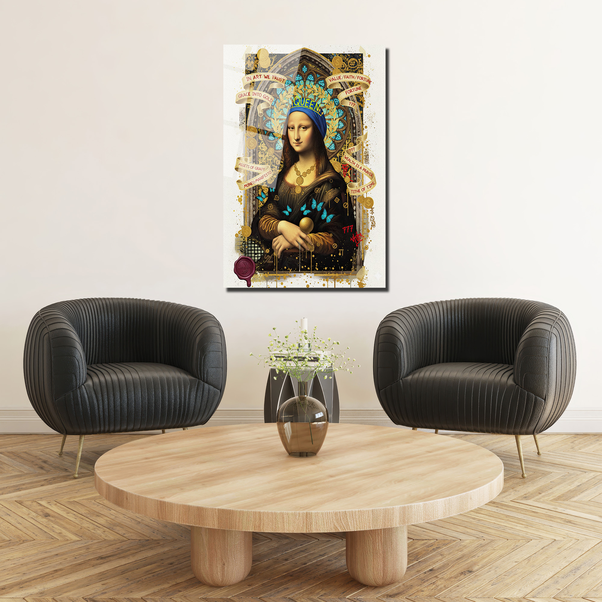 Mona Lisa Queen Manifestosu Cam Tablo: Modern Sanatın Zirvesi Duvar Dekoru Mona Lisa Queen Manifestosu Cam Tablo: Modern Sanatın Zirvesi