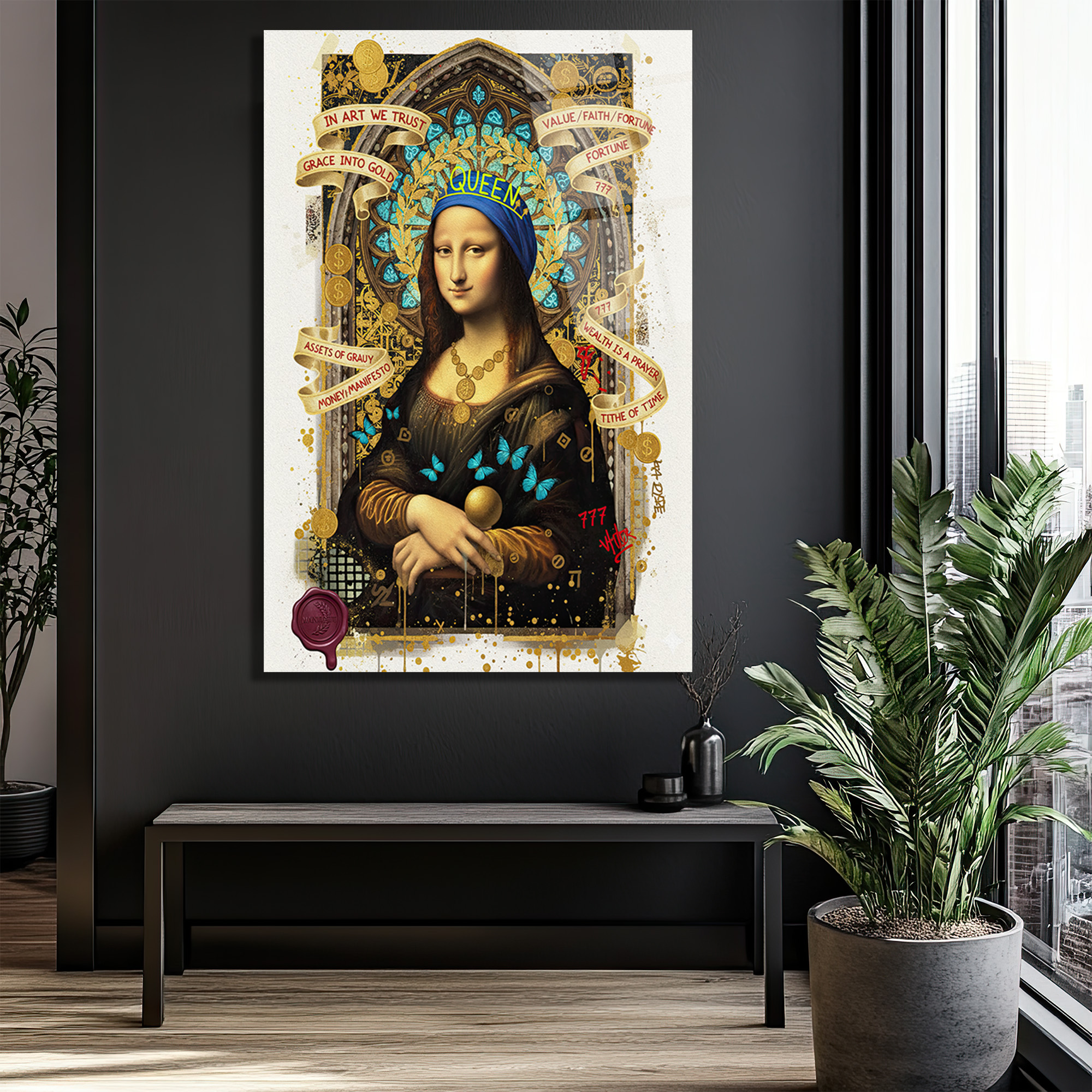 Mona Lisa Queen Manifestosu Cam Tablo: Modern Sanatın Zirvesi Duvar Dekoru Mona Lisa Queen Manifestosu Cam Tablo: Modern Sanatın Zirvesi