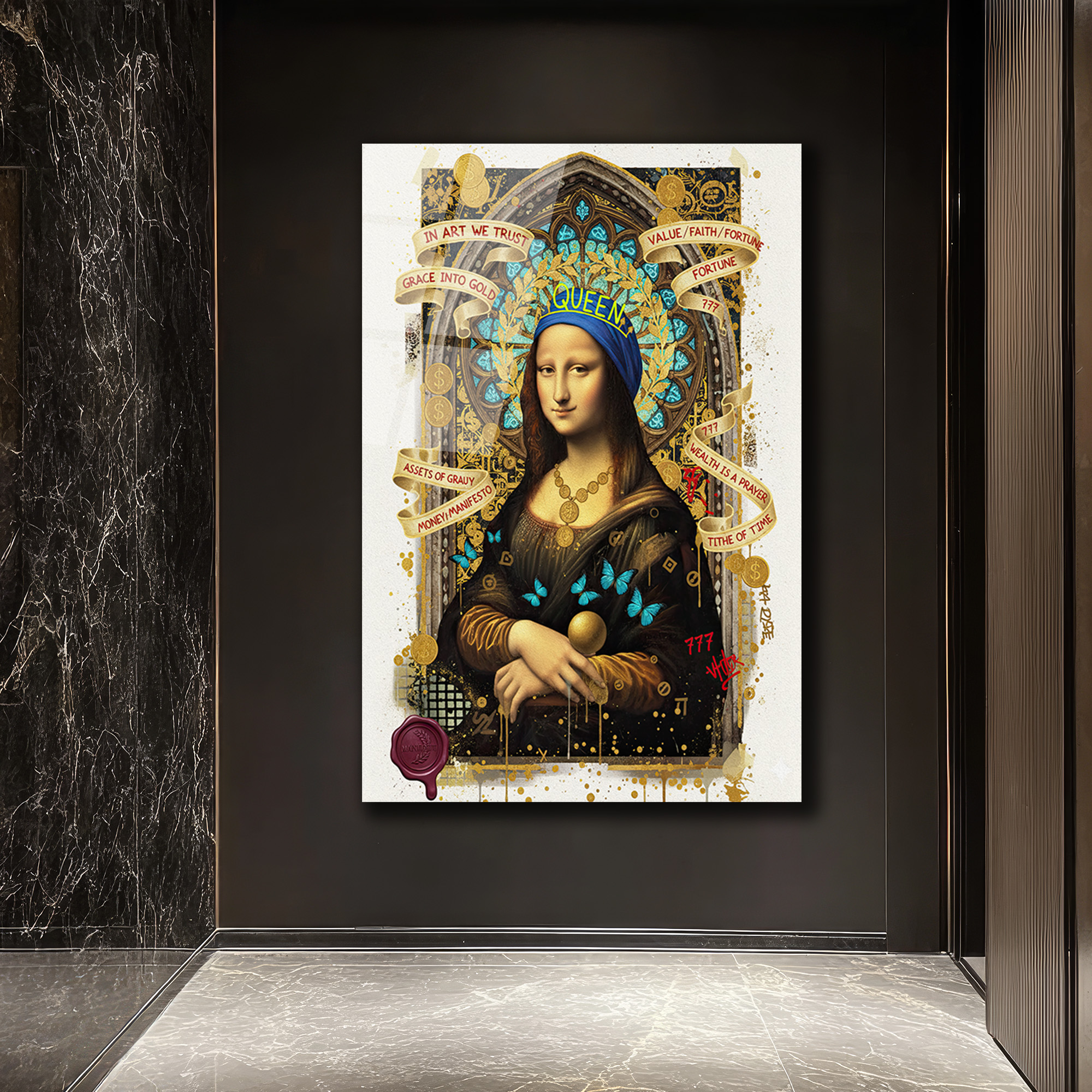 Mona Lisa Queen Manifestosu Cam Tablo: Modern Sanatın Zirvesi Duvar Dekoru Mona Lisa Queen Manifestosu Cam Tablo: Modern Sanatın Zirvesi