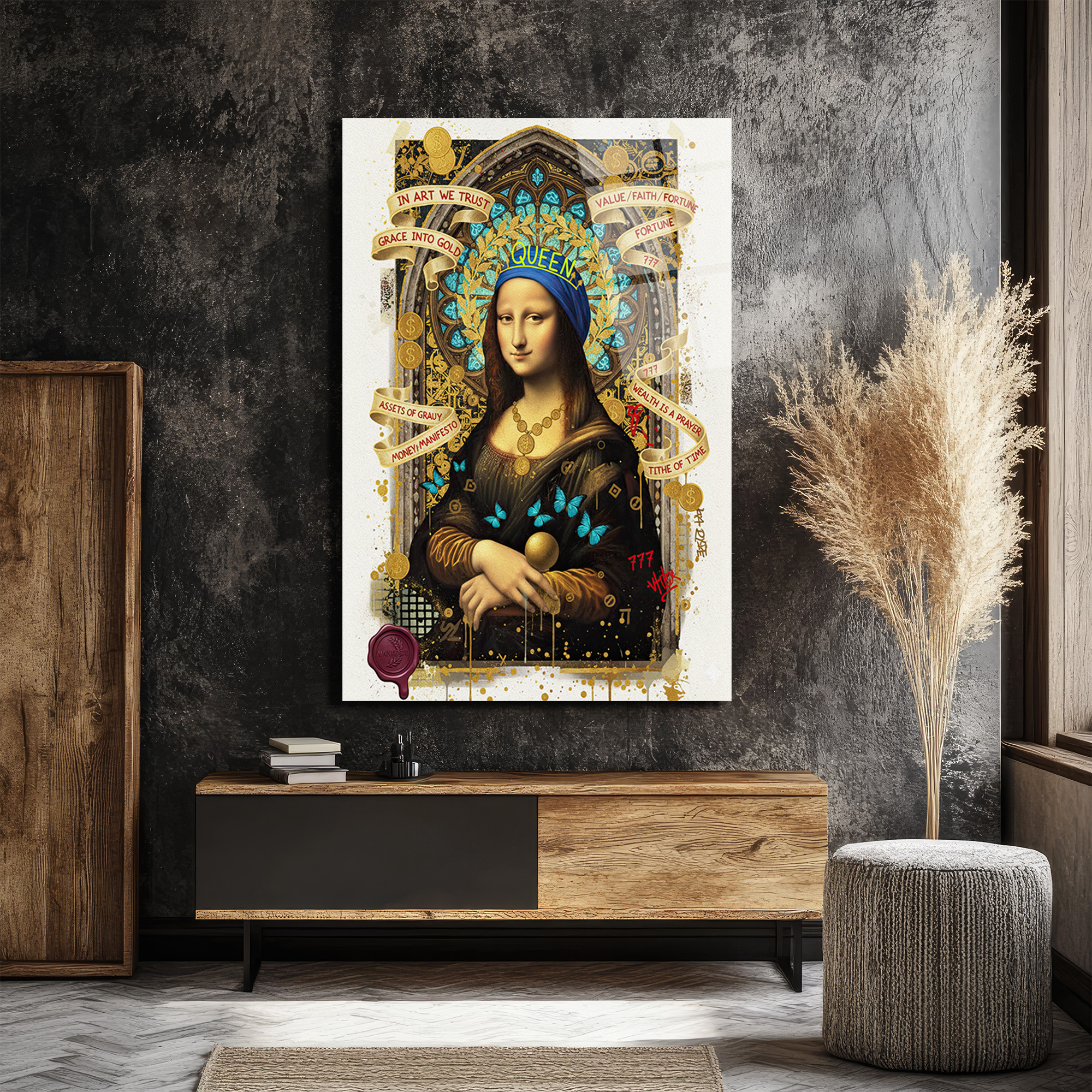 Mona Lisa Queen Manifestosu Cam Tablo: Modern Sanatın Zirvesi Duvar Dekoru Mona Lisa Queen Manifestosu Cam Tablo: Modern Sanatın Zirvesi
