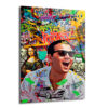Pop Art Hustle: Jordan Belfort Temalı Modern Cam Tablo Duvar Dekoru Pop Art tarzında, gülen ve para saçılan bir adamın (Leonardo DiCaprio benzeri) merkezde olduğu, arka planda Mona Lisa, Tweety, grafiti yazıları, spor ayakkabılar ve bir arabanın yer aldığı çok renkli ve enerjik bir cam tablo.