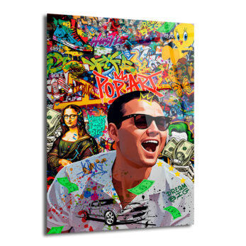 Pop Art tarzında, gülen ve para saçılan bir adamın (Leonardo DiCaprio benzeri) merkezde olduğu, arka planda Mona Lisa, Tweety, grafiti yazıları, spor ayakkabılar ve bir arabanın yer aldığı çok renkli ve enerjik bir cam tablo.