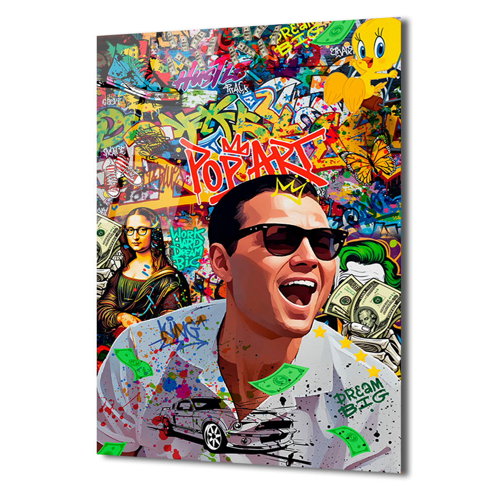 Pop Art Hustle: Jordan Belfort Temalı Modern Cam Tablo Duvar Dekoru Pop Art Hustle: Jordan Belfort Temalı Modern Cam Tablo