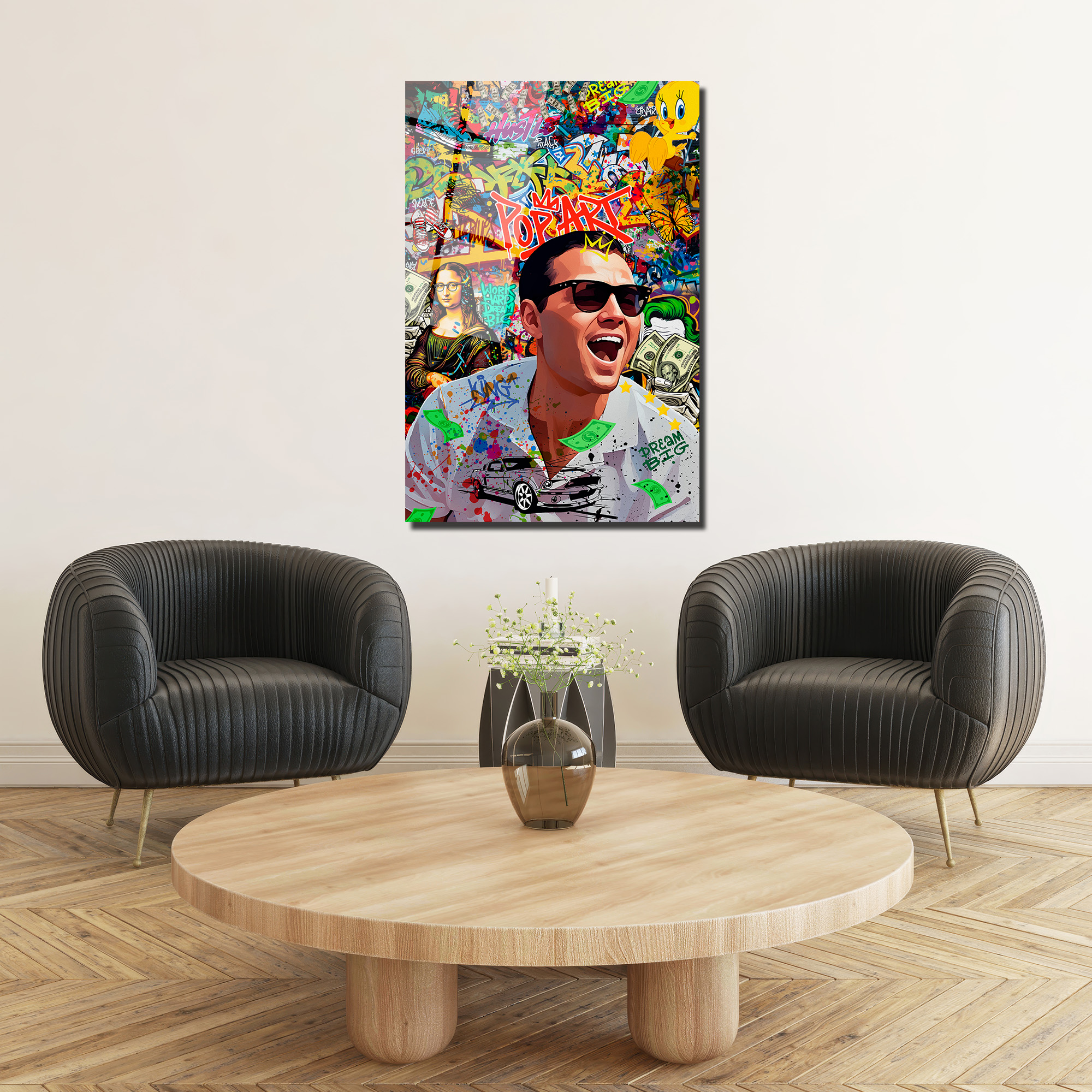 Pop Art Hustle: Jordan Belfort Temalı Modern Cam Tablo Duvar Dekoru Pop Art Hustle: Jordan Belfort Temalı Modern Cam Tablo
