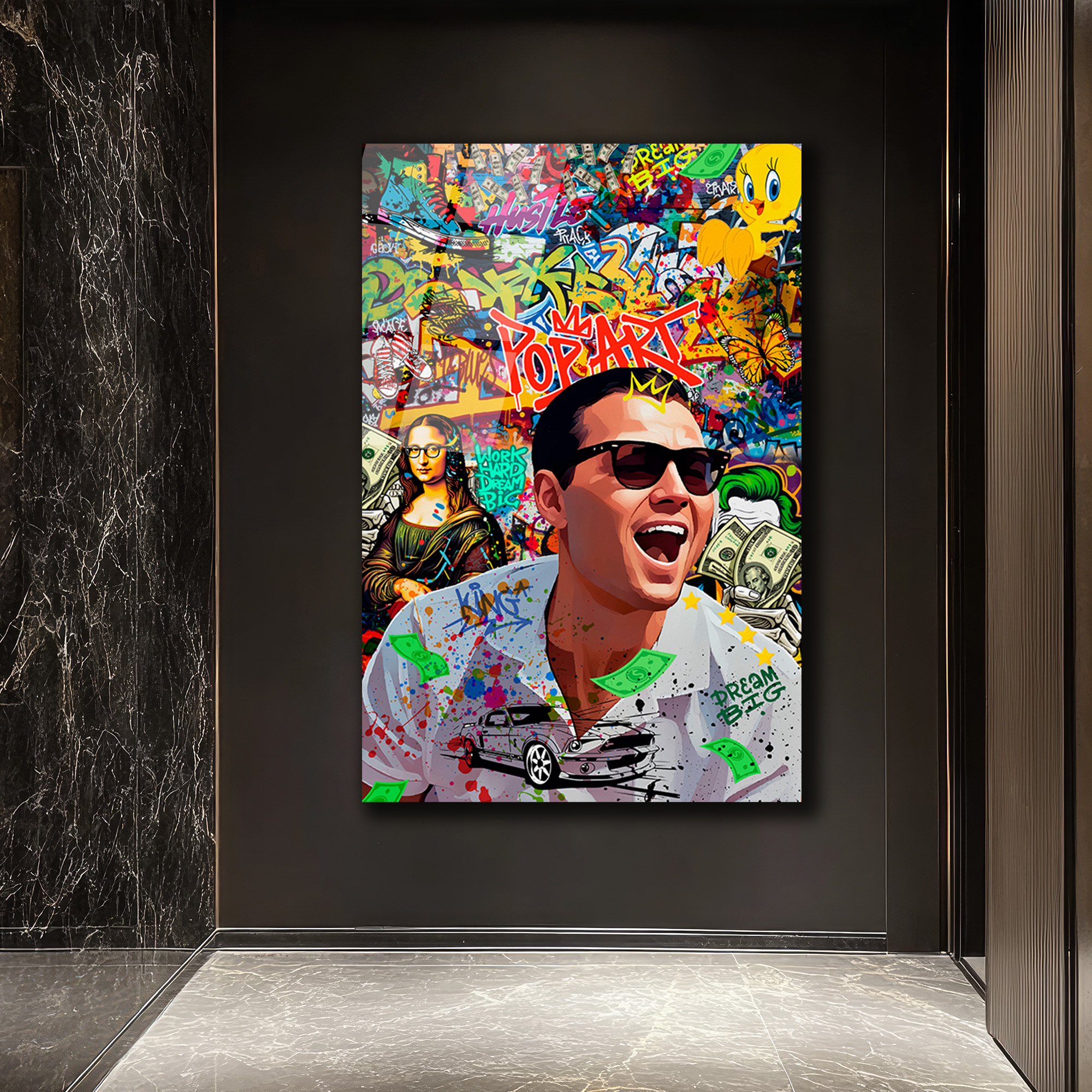 Pop Art Hustle: Jordan Belfort Temalı Modern Cam Tablo Duvar Dekoru Pop Art Hustle: Jordan Belfort Temalı Modern Cam Tablo