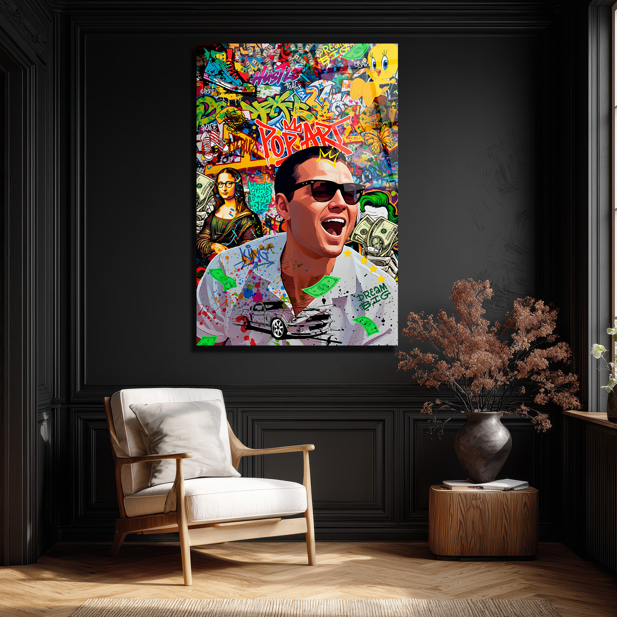 Pop Art Hustle: Jordan Belfort Temalı Modern Cam Tablo Duvar Dekoru Pop Art Hustle: Jordan Belfort Temalı Modern Cam Tablo