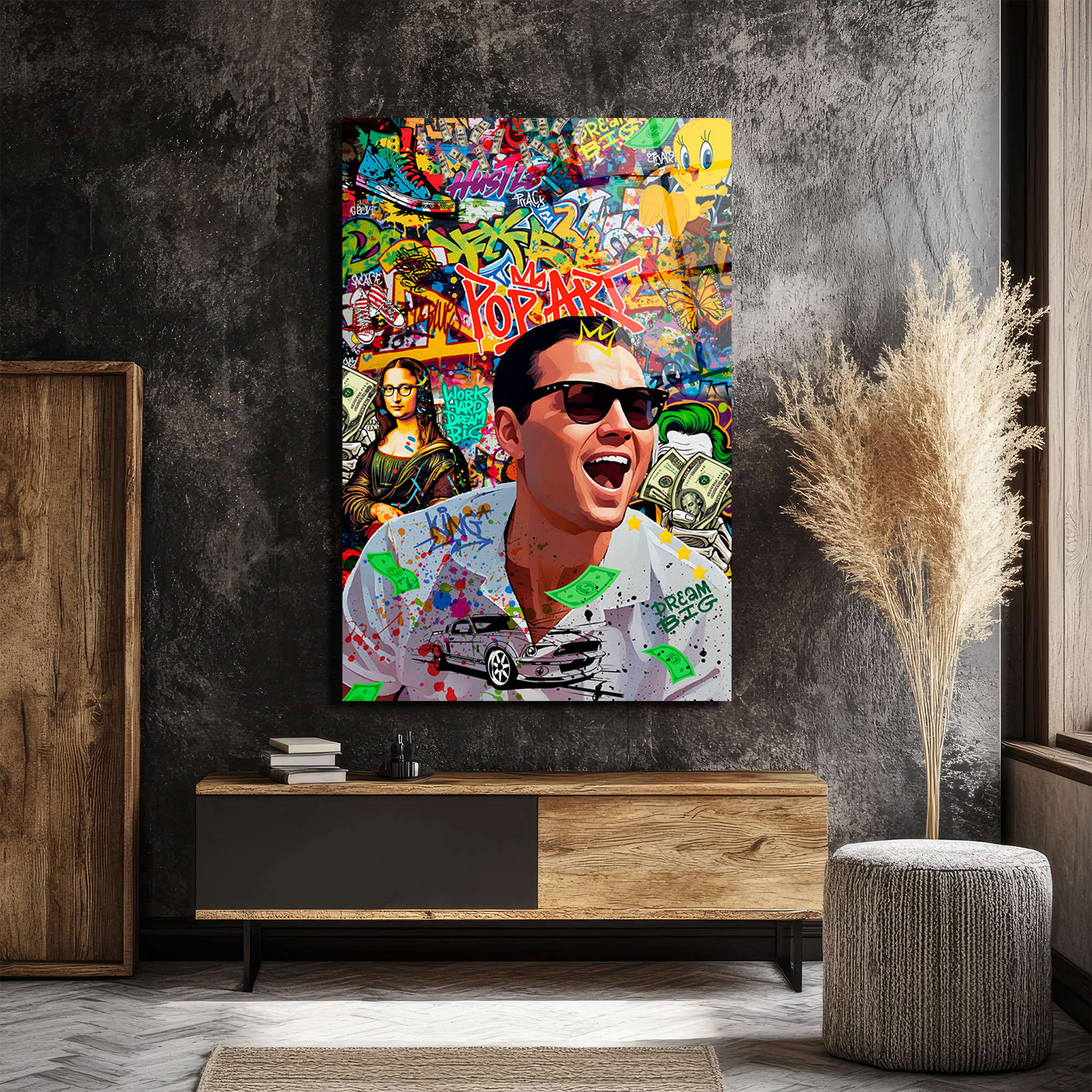 Pop Art Hustle: Jordan Belfort Temalı Modern Cam Tablo Duvar Dekoru Pop Art Hustle: Jordan Belfort Temalı Modern Cam Tablo
