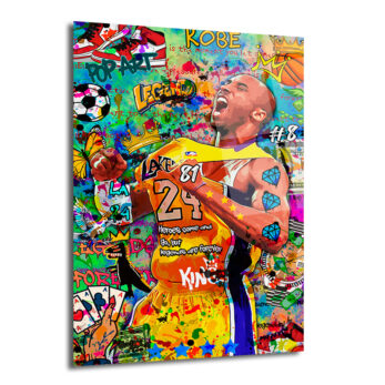 Canlı renklerle bezenmiş, Pop Art ve graffiti tarzında, Lakers forması giyen Kobe Bryant'ın coşkulu bir portresi. Arka planda basketbol temalı ve sokak sanatı öğeleri, yazılar ve semboller içeren dinamik bir kompozisyon.