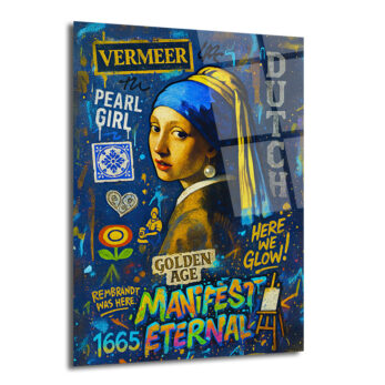 Johannes Vermeer'in İnci Küpeli Kız tablosunun modern, graffiti tarzında yeniden yorumlandığı, mavi ve sarı tonların hakim olduğu, üzerinde 'Vermeer', 'Pearl Girl', 'Dutch', 'Golden Age' gibi yazılar bulunan cam tablo.