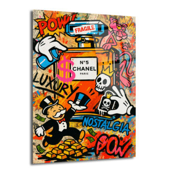  renkli, pop art tarzı bir cam tablo. Arka planda grafiti yazılar, altın külçeleri, dolarlar ve kurukafalar bulunuyor.