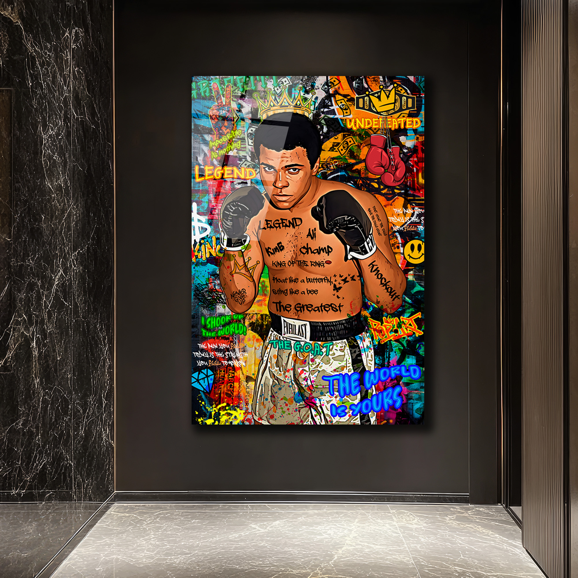 Muhammed Ali Efsanesi Pop Art Graffiti Cam Tablo Duvar Dekoru Muhammed Ali Efsanesi Pop Art Graffiti Cam Tablo