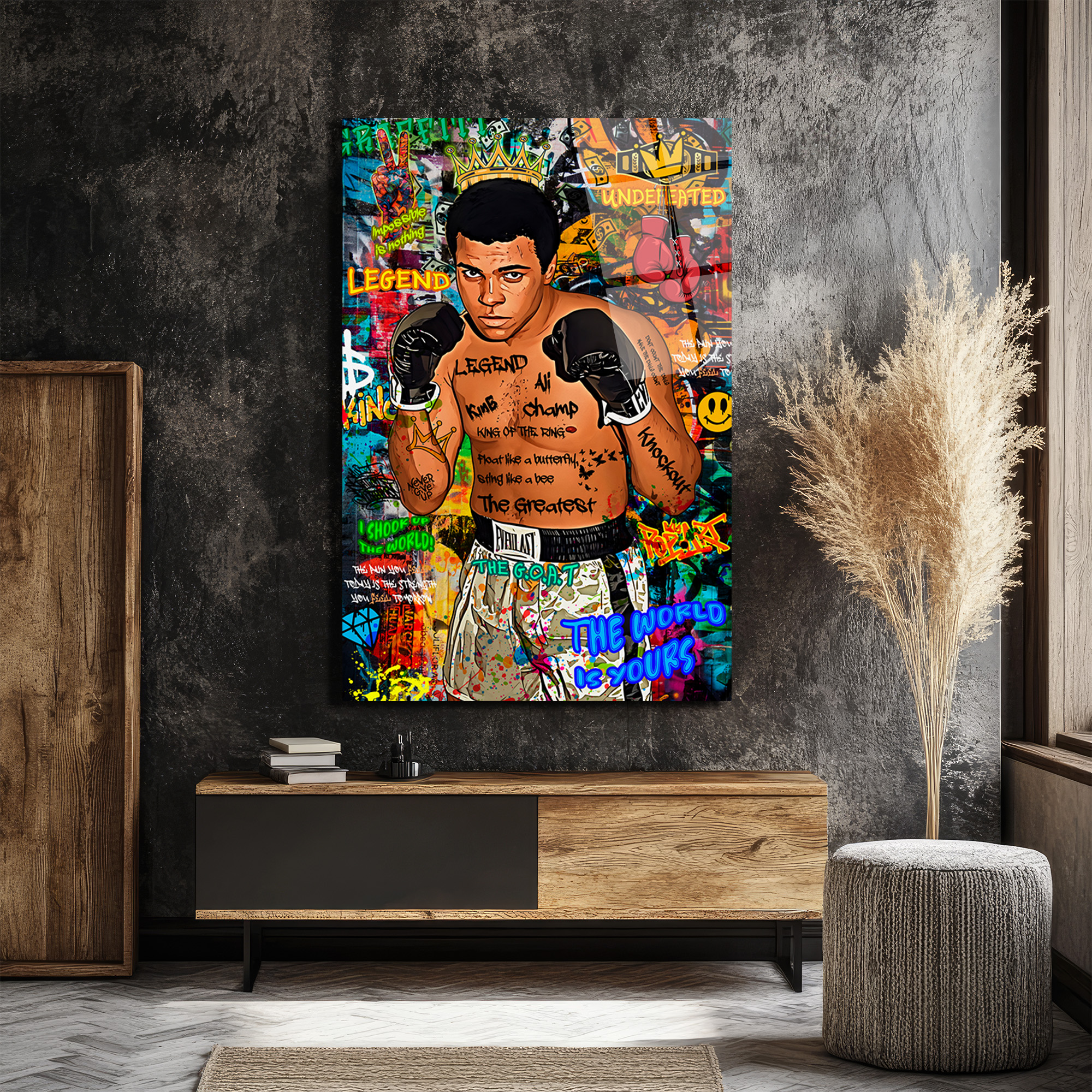 Muhammed Ali Efsanesi Pop Art Graffiti Cam Tablo Duvar Dekoru Muhammed Ali Efsanesi Pop Art Graffiti Cam Tablo