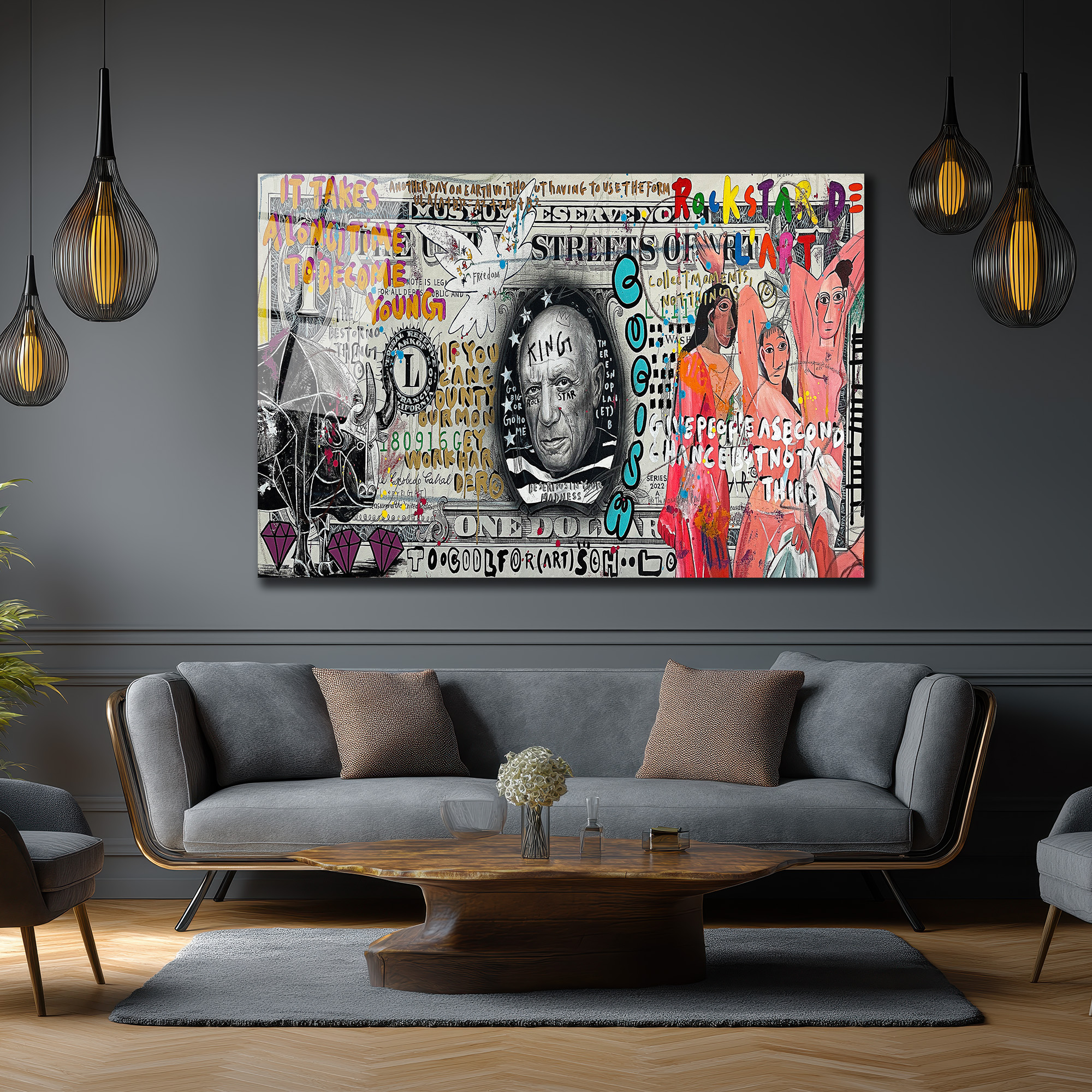 Picasso King Sokak Sanatı Cam Tablo - Modern Duvar Dekoru Duvar Dekoru Picasso King Sokak Sanatı Cam Tablo - Modern Duvar Dekoru