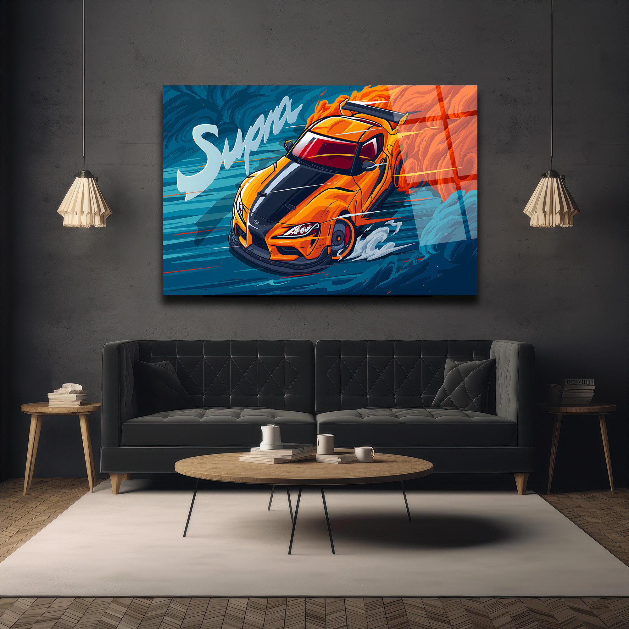 Supra Drift Sanatı Cam Tablo - Hız ve Tutku Duvar Dekoru Duvar Dekoru Supra Drift Sanatı Cam Tablo - Hız ve Tutku Duvar Dekoru