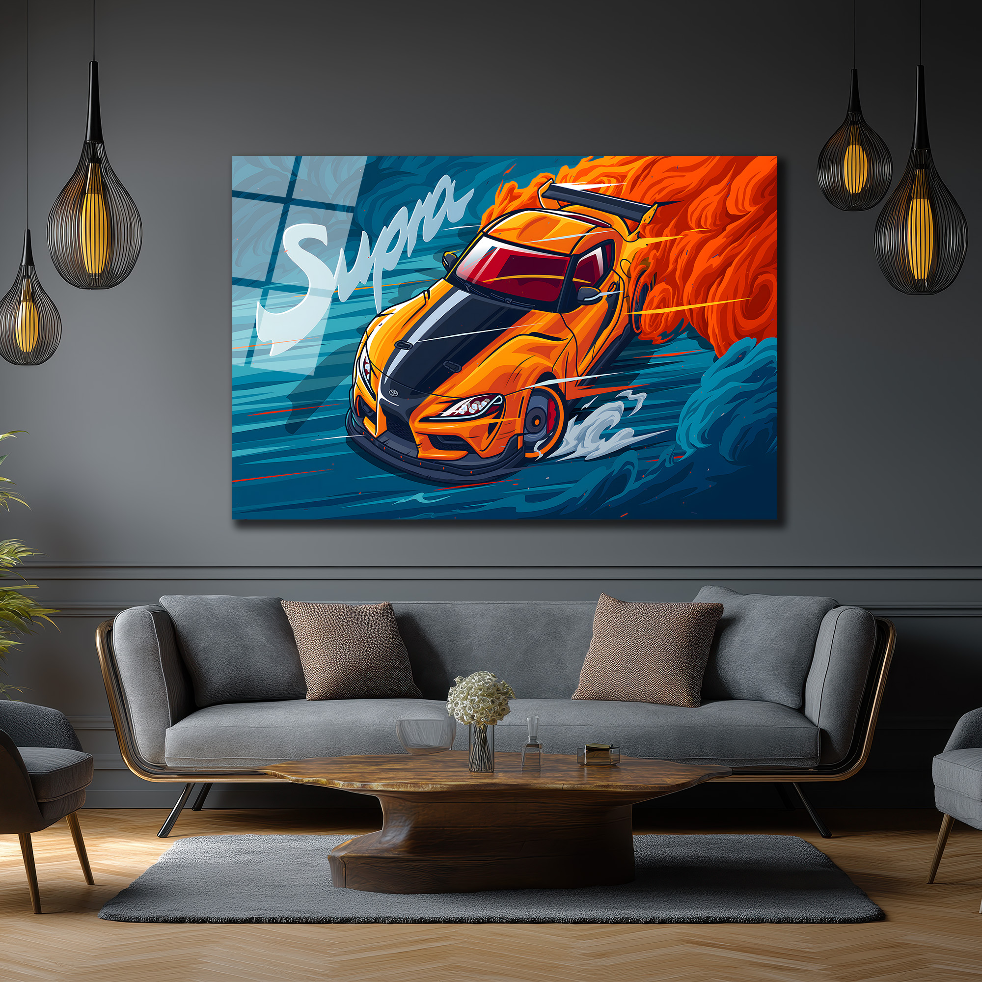 Supra Drift Sanatı Cam Tablo - Hız ve Tutku Duvar Dekoru Duvar Dekoru Supra Drift Sanatı Cam Tablo - Hız ve Tutku Duvar Dekoru