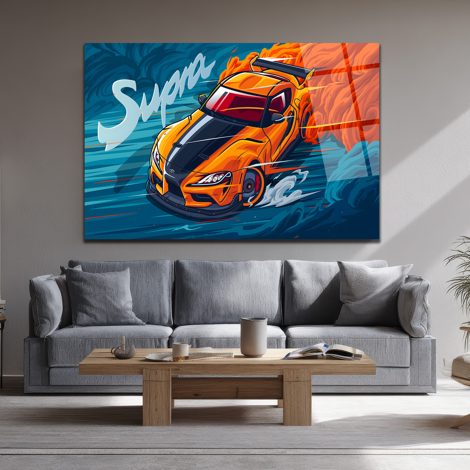Supra Drift Sanatı Cam Tablo - Hız ve Tutku Duvar Dekoru Duvar Dekoru Supra Drift Sanatı Cam Tablo - Hız ve Tutku Duvar Dekoru