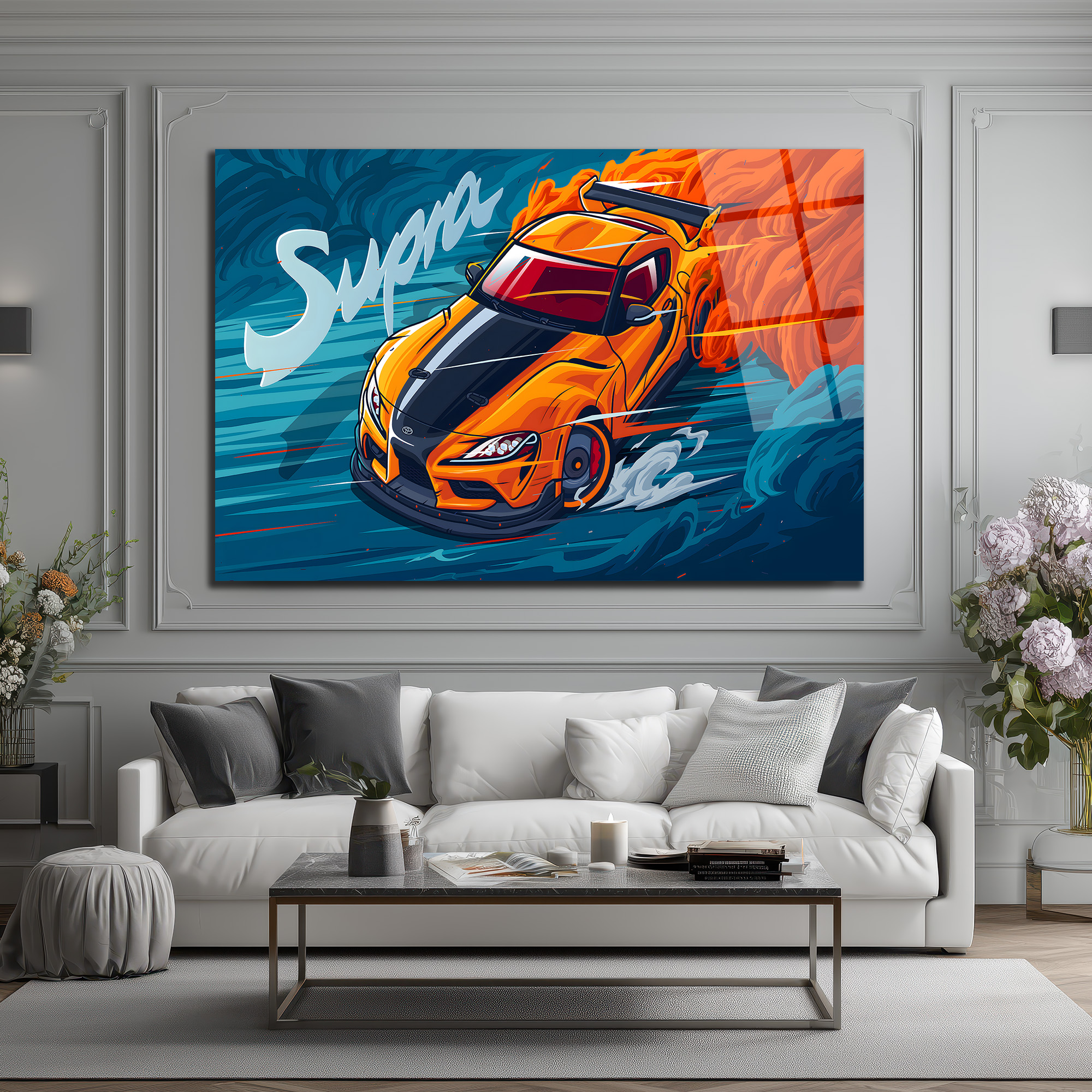 Supra Drift Sanatı Cam Tablo - Hız ve Tutku Duvar Dekoru Duvar Dekoru Supra Drift Sanatı Cam Tablo - Hız ve Tutku Duvar Dekoru