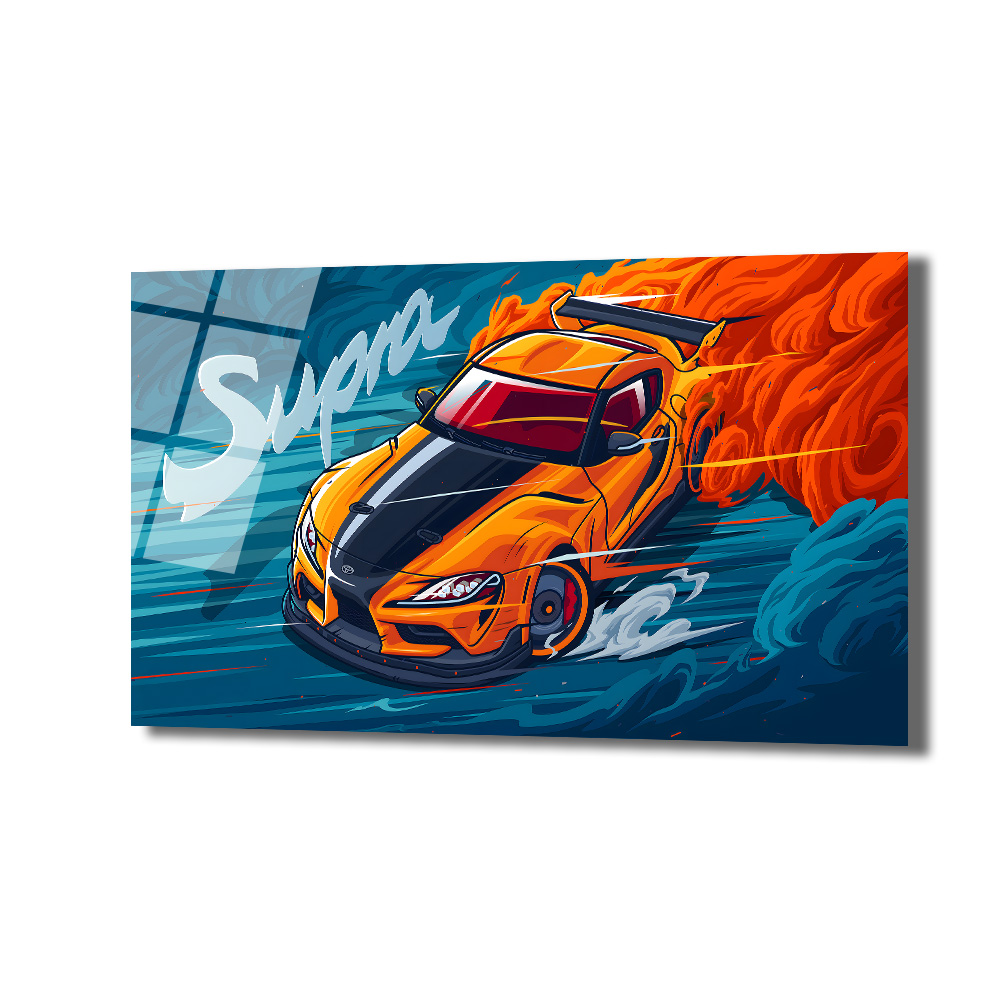 Supra Drift Sanatı Cam Tablo - Hız ve Tutku Duvar Dekoru Duvar Dekoru Turuncu ve siyah detaylı bir Toyota Supra'nın dinamik bir şekilde drift yaptığı, arkasında turuncu alev ve mavi duman efektleriyle çevrili, 'Supra' yazısının belirgin olduğu modern sanatsal bir cam tablo.