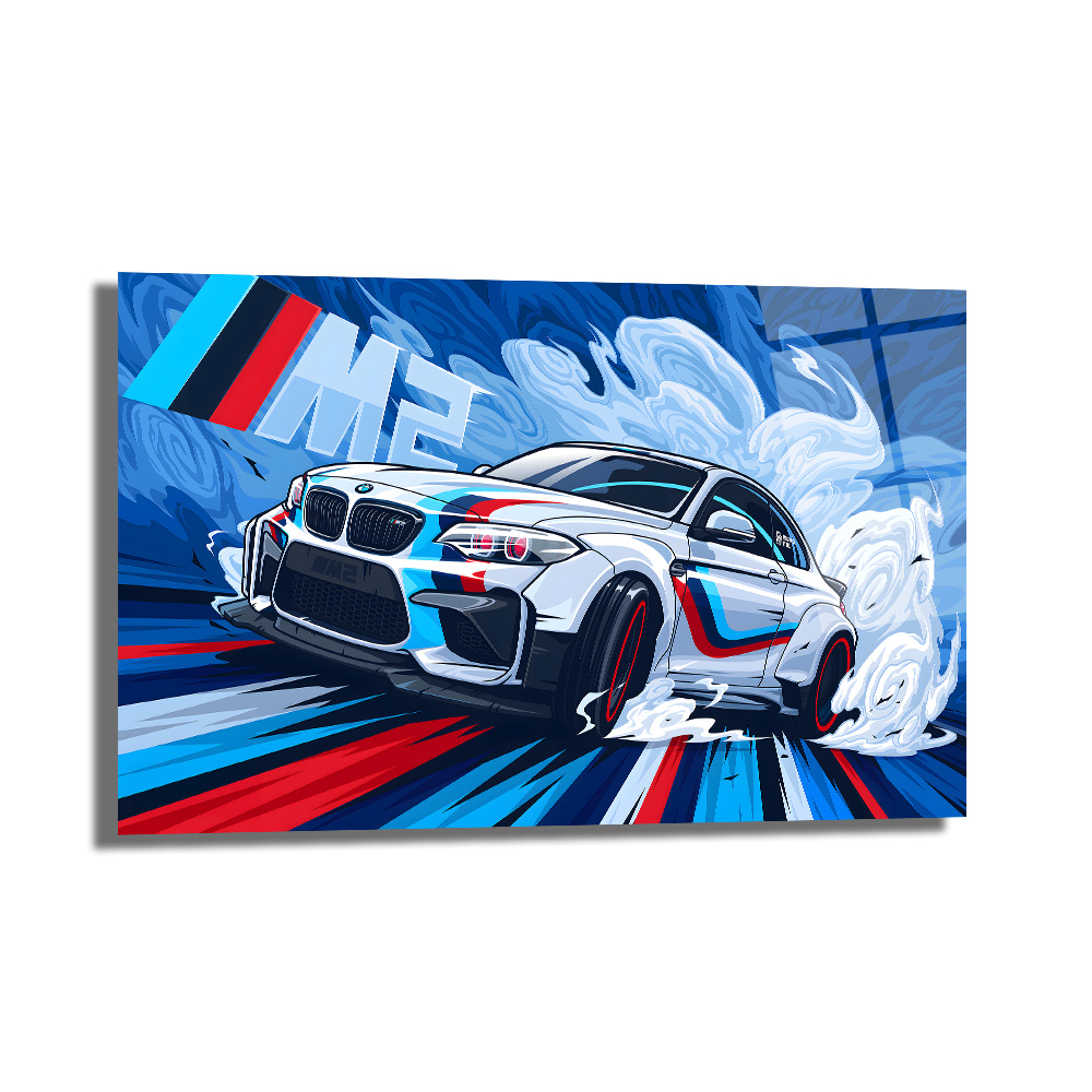 Dinamik BMW M2 Drift Spor Araba Cam Tablo Duvar Dekoru Dinamik BMW M2 Drift Spor Araba Cam Tablo