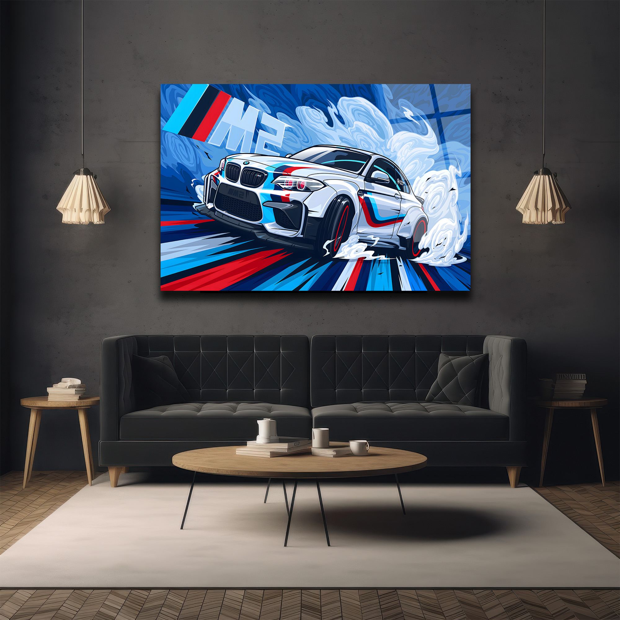 Dinamik BMW M2 Drift Spor Araba Cam Tablo Duvar Dekoru Dinamik BMW M2 Drift Spor Araba Cam Tablo