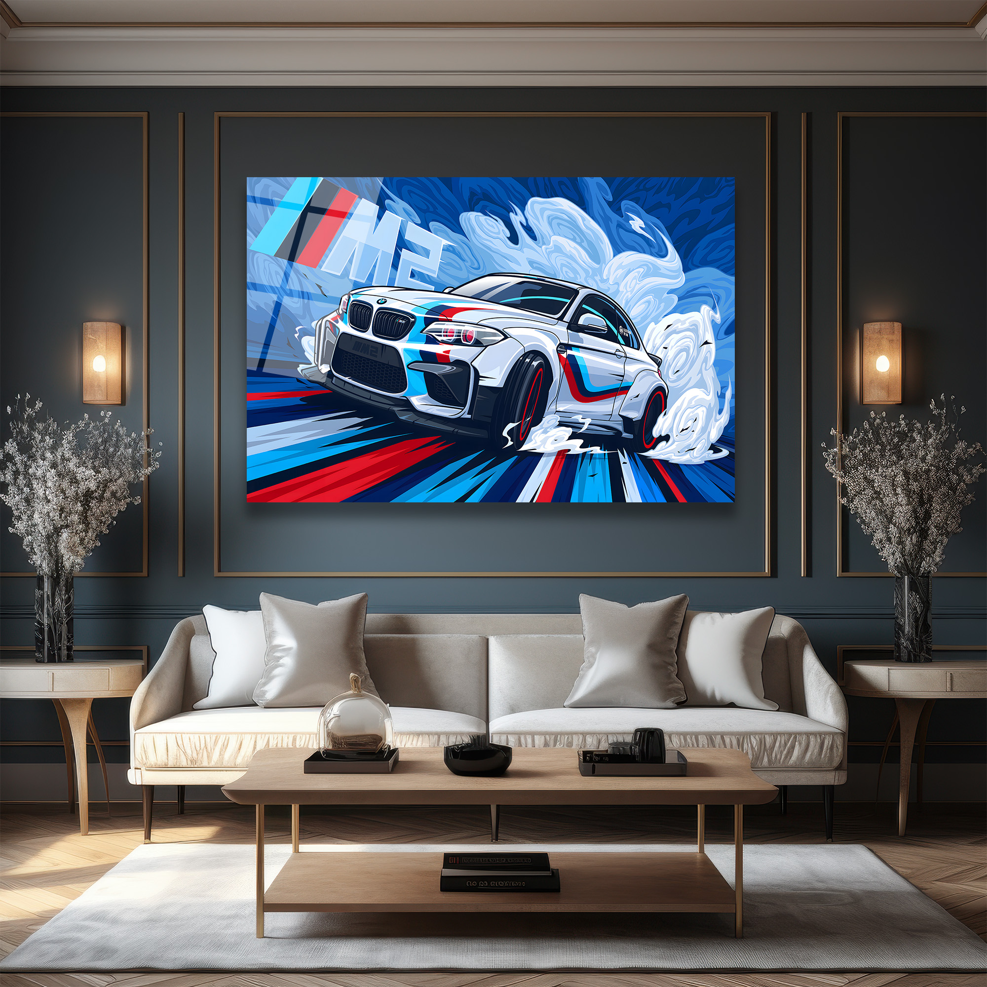 Dinamik BMW M2 Drift Spor Araba Cam Tablo Duvar Dekoru Dinamik BMW M2 Drift Spor Araba Cam Tablo