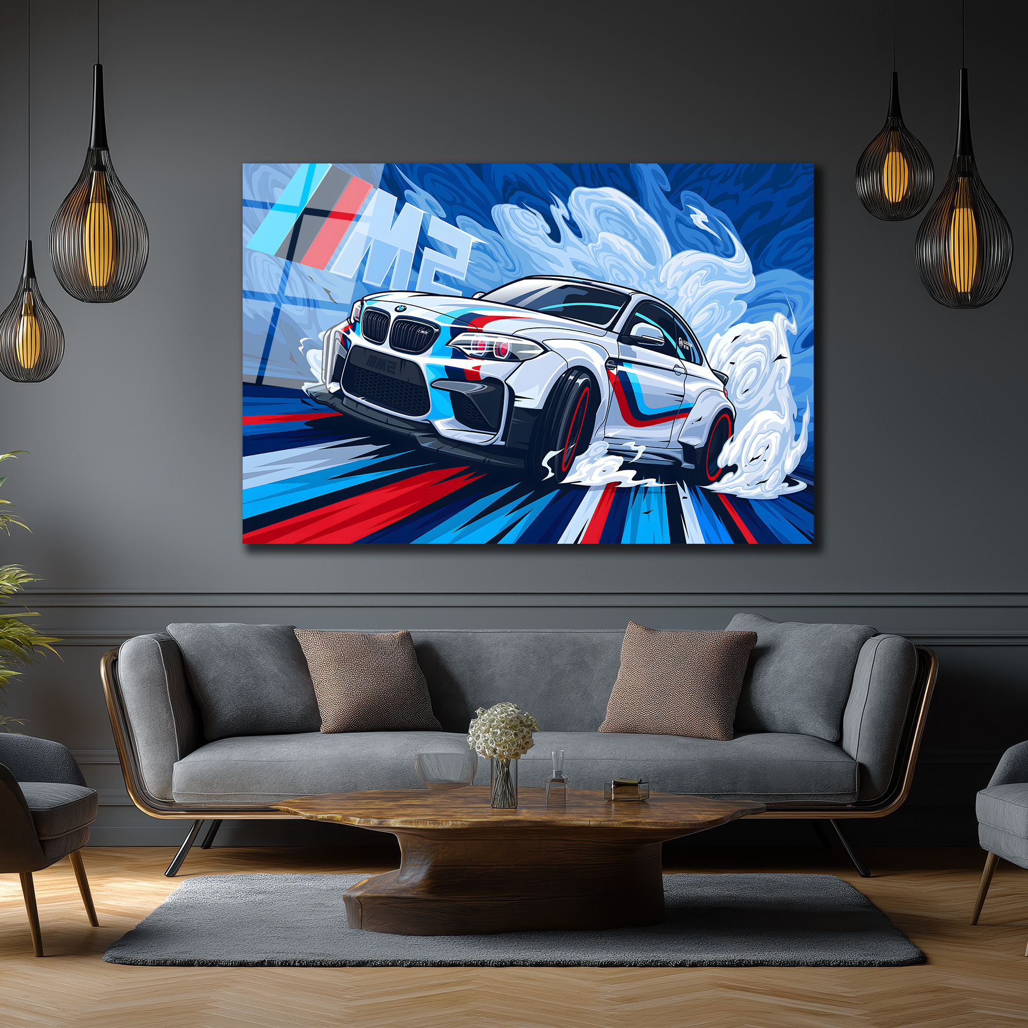 Dinamik BMW M2 Drift Spor Araba Cam Tablo Duvar Dekoru Dinamik BMW M2 Drift Spor Araba Cam Tablo